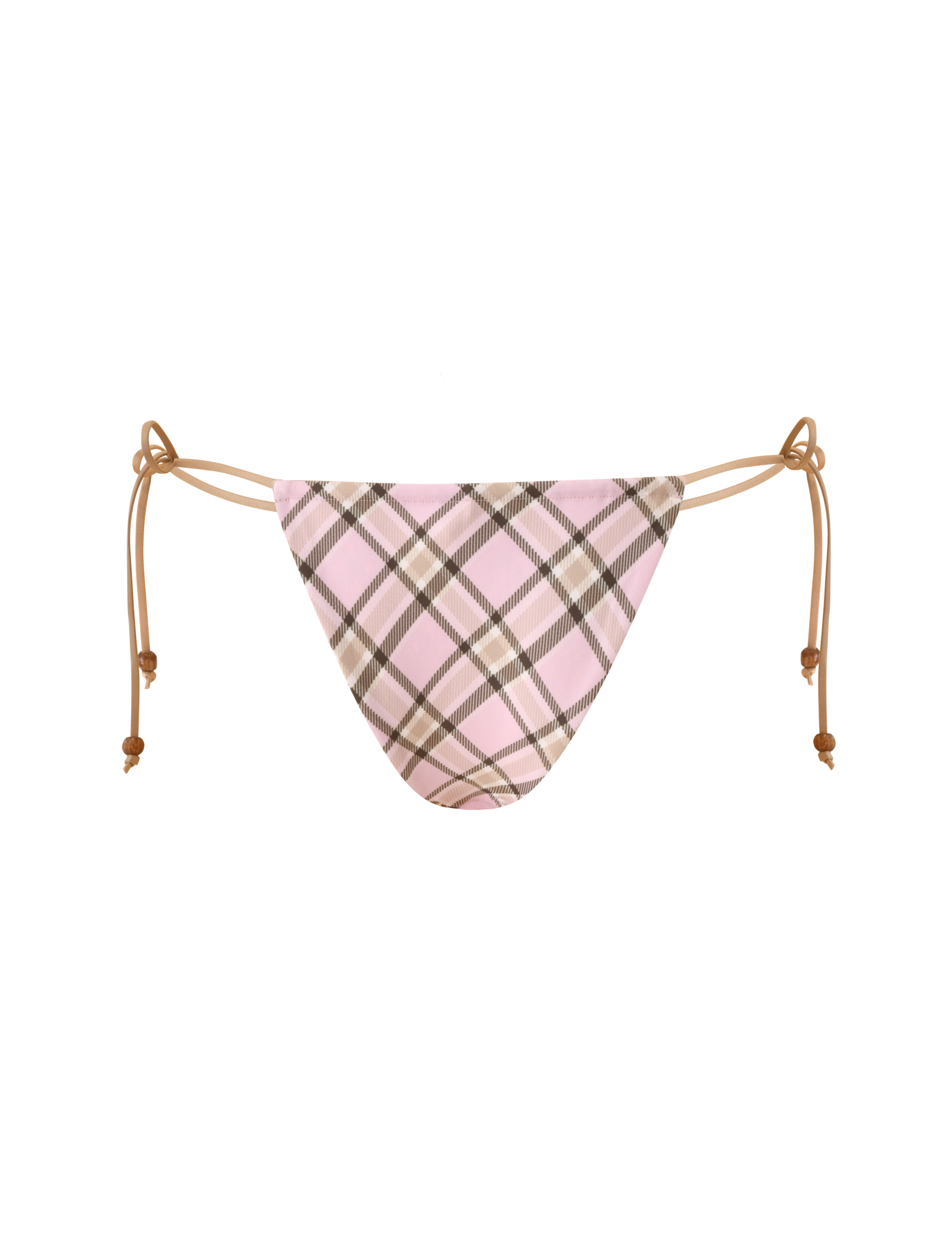 The TIGERMIST AVE REVERSIBLE BIKINI BOTTOM WITH SCARF features a tan and pink plaid design with adjustable side ties, shown against a plain white background.