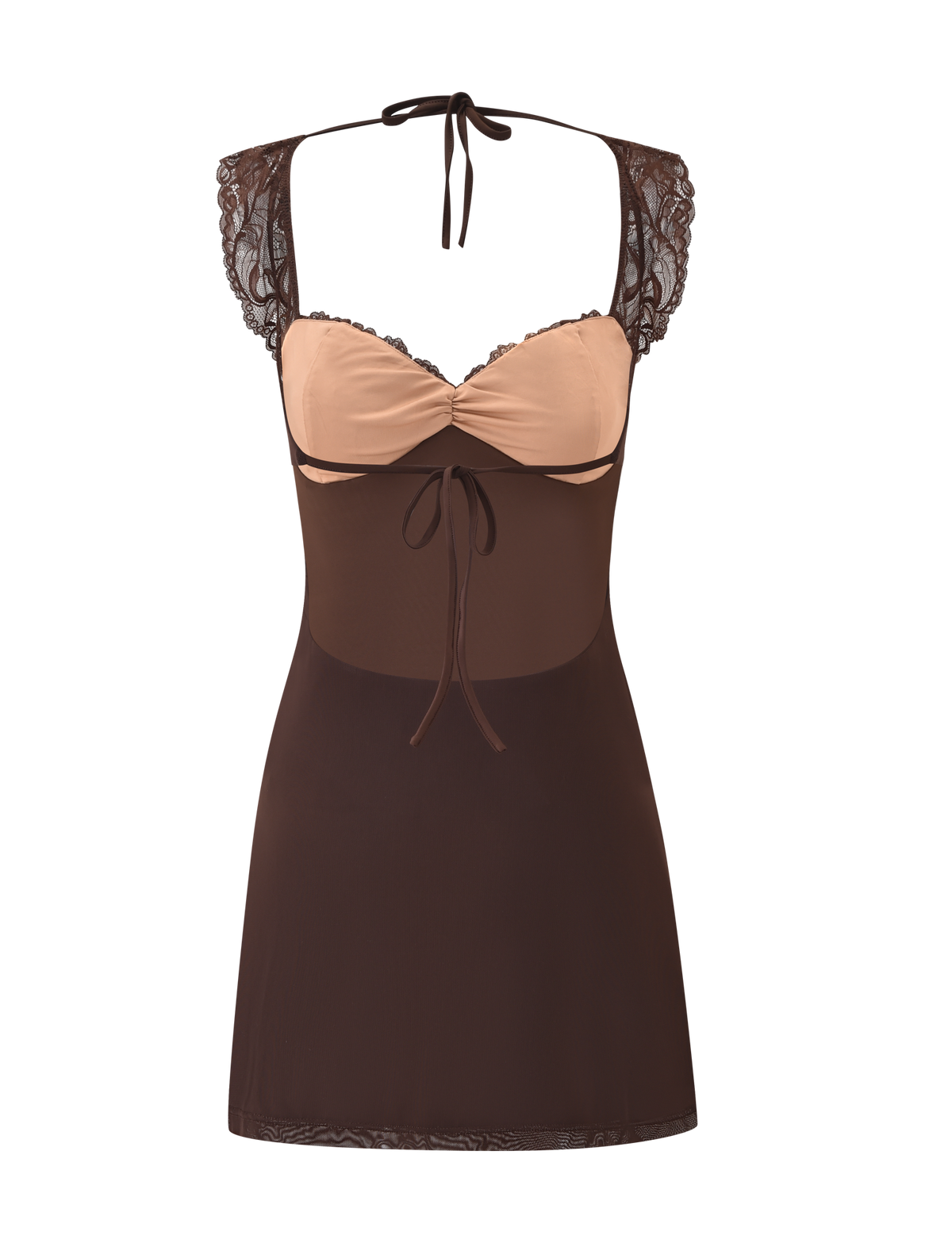 The NYOMI MINI DRESS - CHOCOLATE by TIGERMIST is a brown and beige sheer dress with a sweetheart neckline, lace cap sleeves, bust tie, and halter neck strap, shown on a white background.