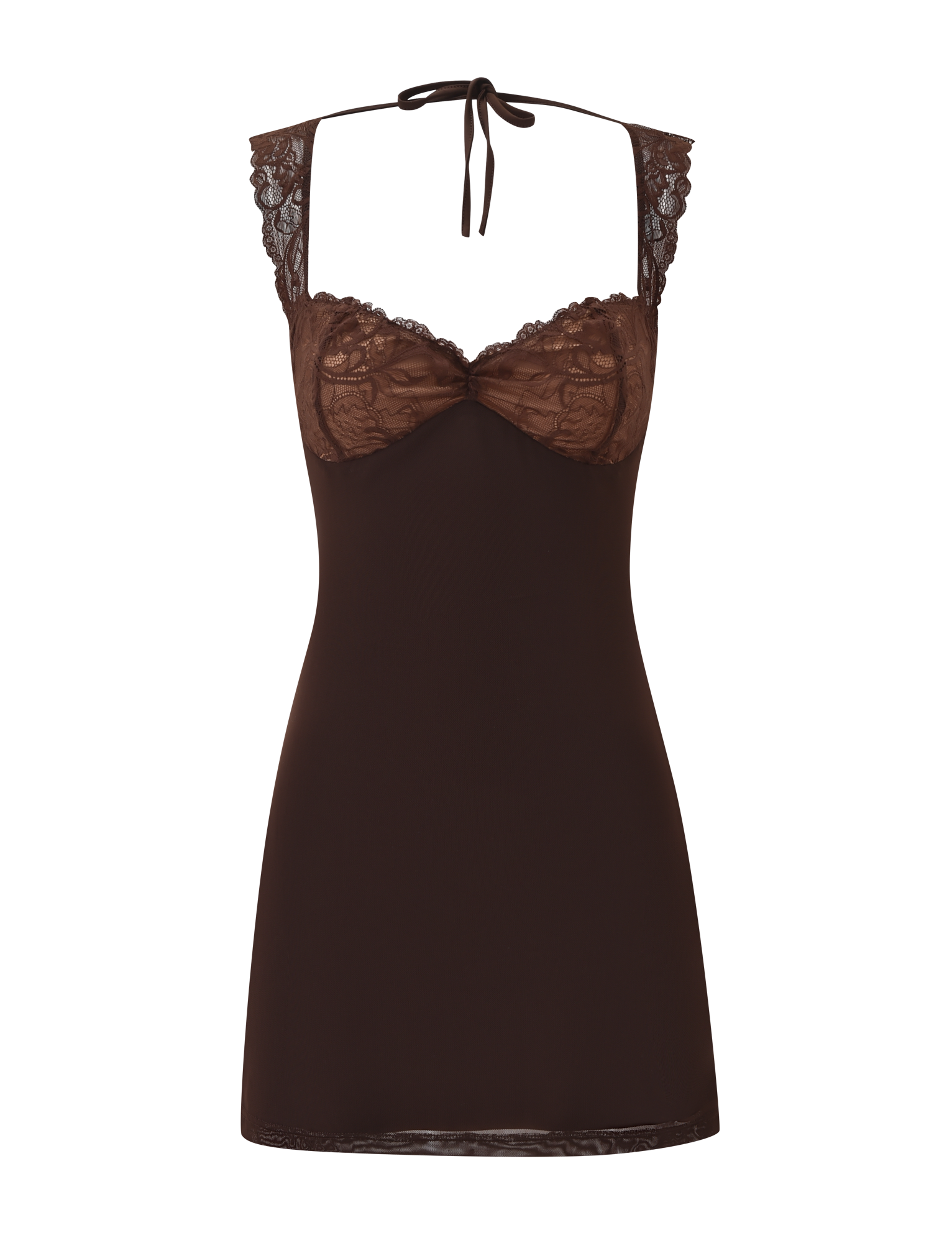The NYOMI MINI DRESS - CHOCOLATE by TIGERMIST features sheer lace details on the bust and straps, an open back with neck tie closure, and a fitted mini silhouette. Shown against a plain white background.