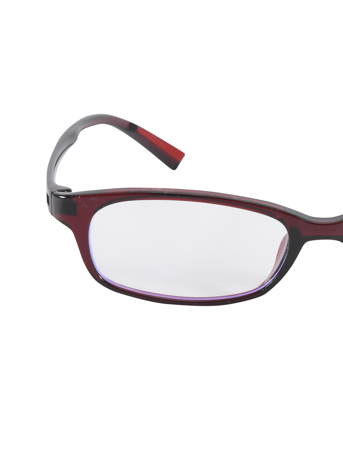 Close-up of the right side of TIGERMIST KAYA FASHION GLASSES - DEEP RED, featuring a slim rectangular dark acrylic red frame against a white background.