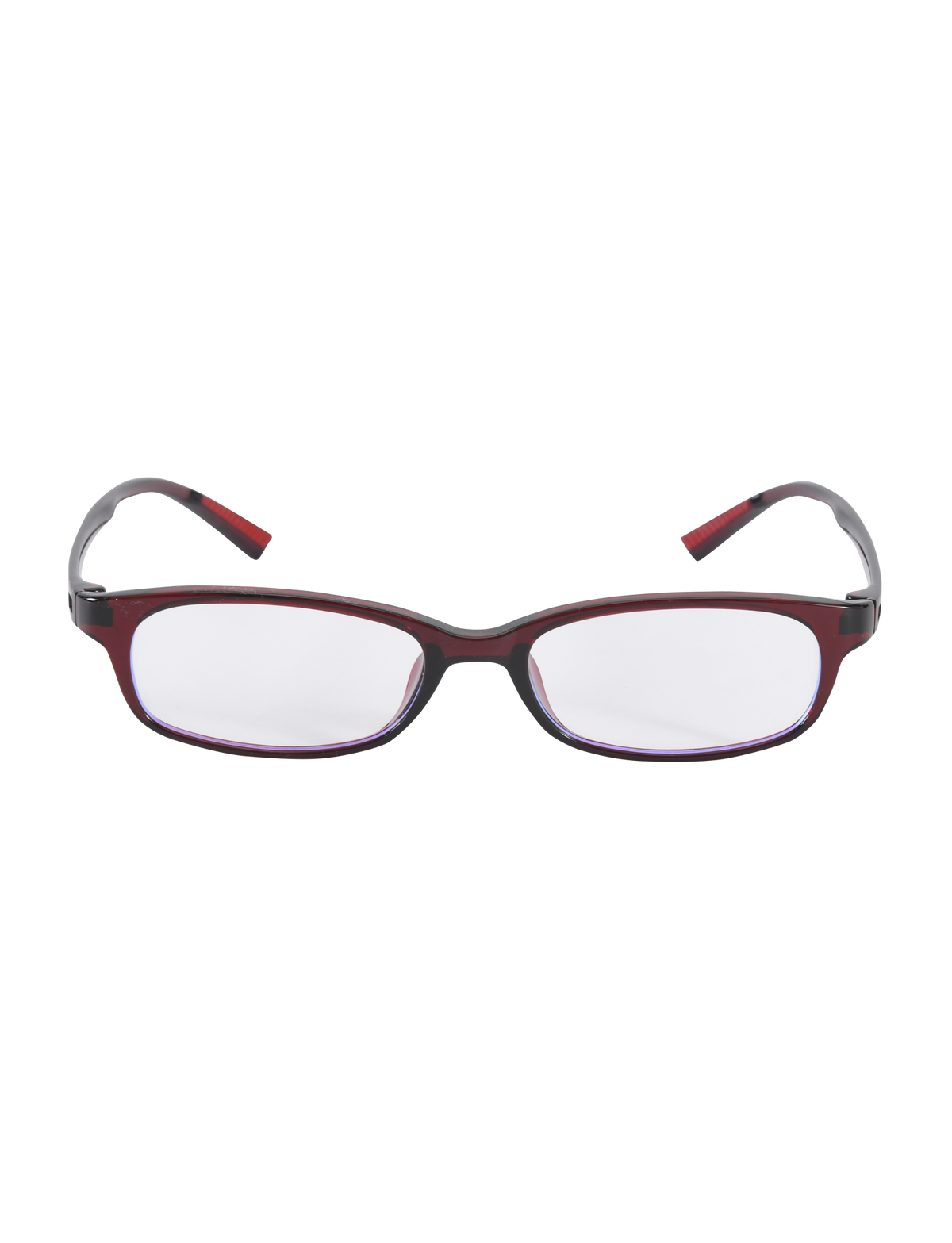 The TIGERMIST KAYA FASHION GLASSES in Deep Red feature a narrow rectangular shape with an acrylic red frame and black-and-red temples, shown on a white background.