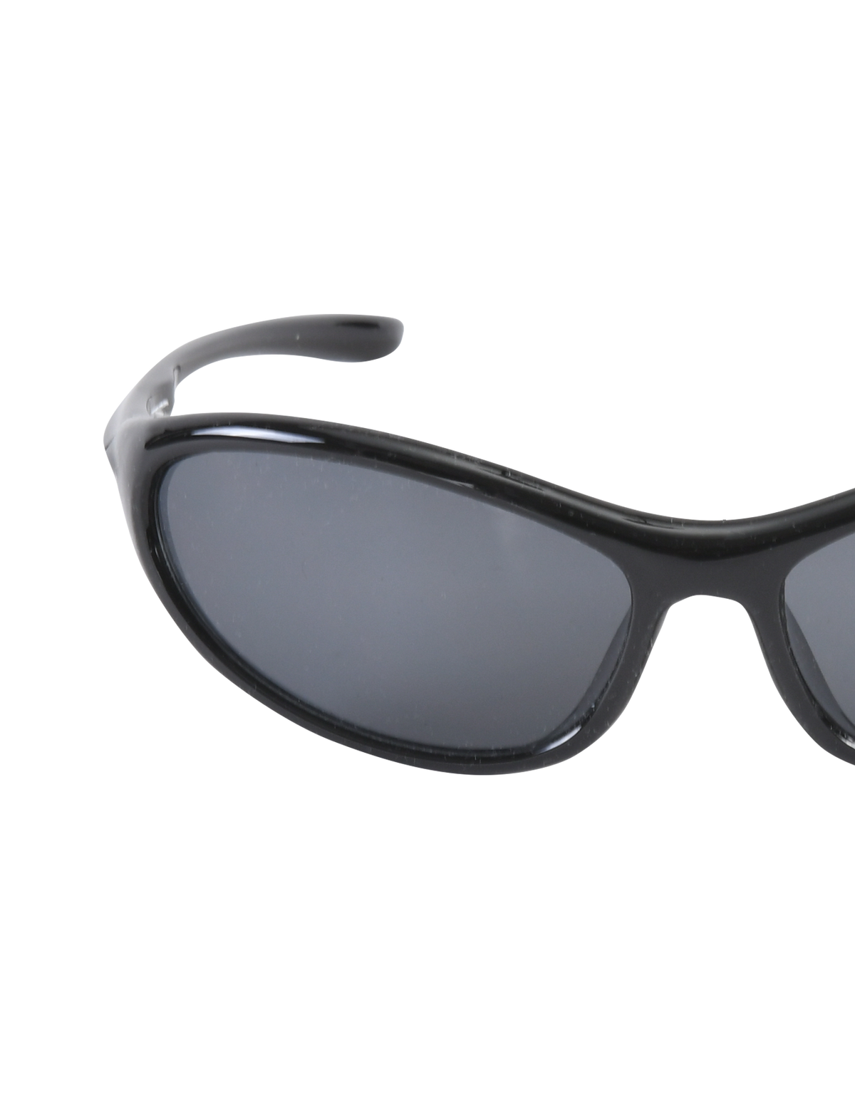 Close-up of TIGERMIST RIVAH FASHION GLASSES - BLACK, featuring elongated oval, wraparound frames and reflective black lenses, displayed against a plain white background.