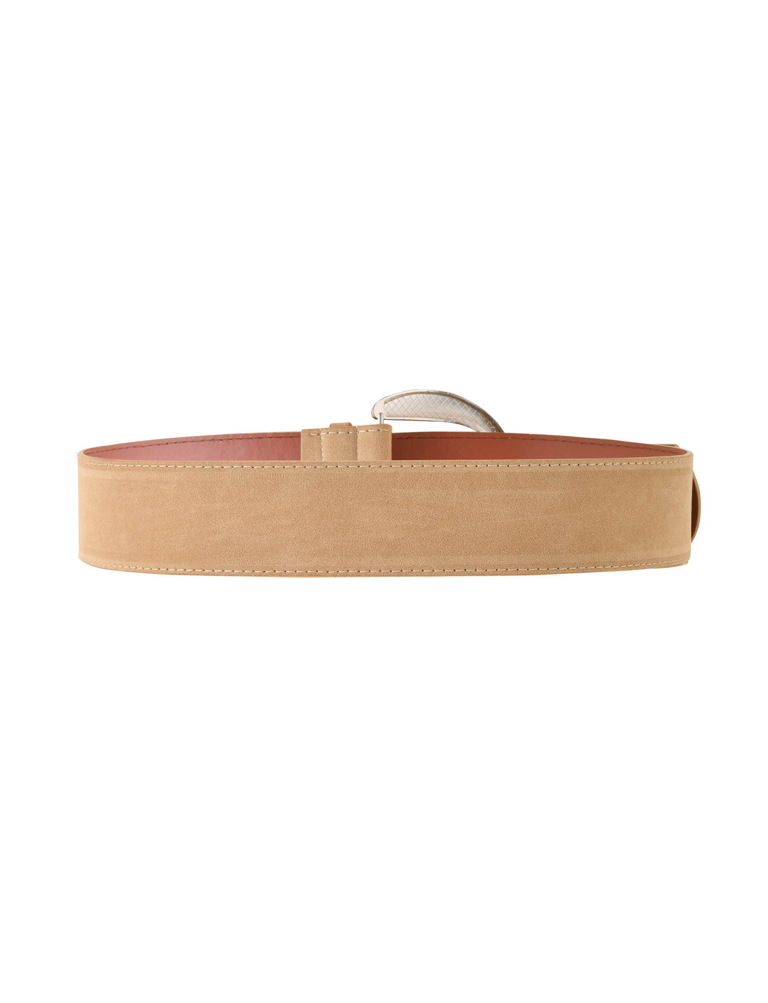 The TIGERMIST MARTINA BELT in tan features faux suede, visible stitching, and a large silver buckle, shown against a white background.