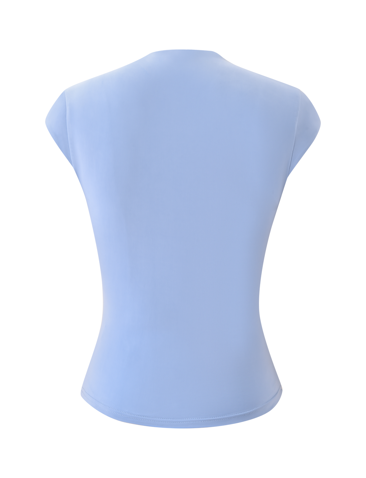 The MILLS TOP - BABY BLUE by TIGERMIST is a fitted, short-sleeve mock neck top in light blue, shown from the back against a white background.