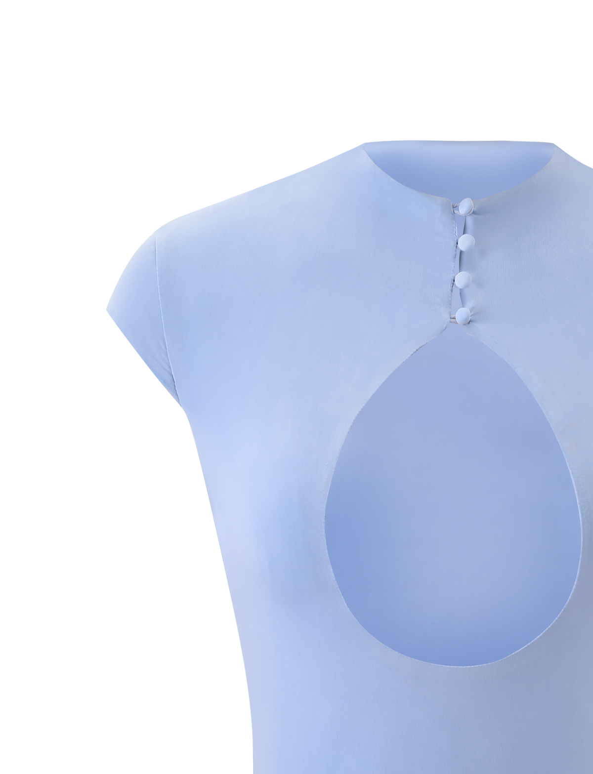 The MILLS TOP by TIGERMIST in baby blue features cap sleeves, a mock neck with four buttons, and a bold front bust cutout for a modern look.