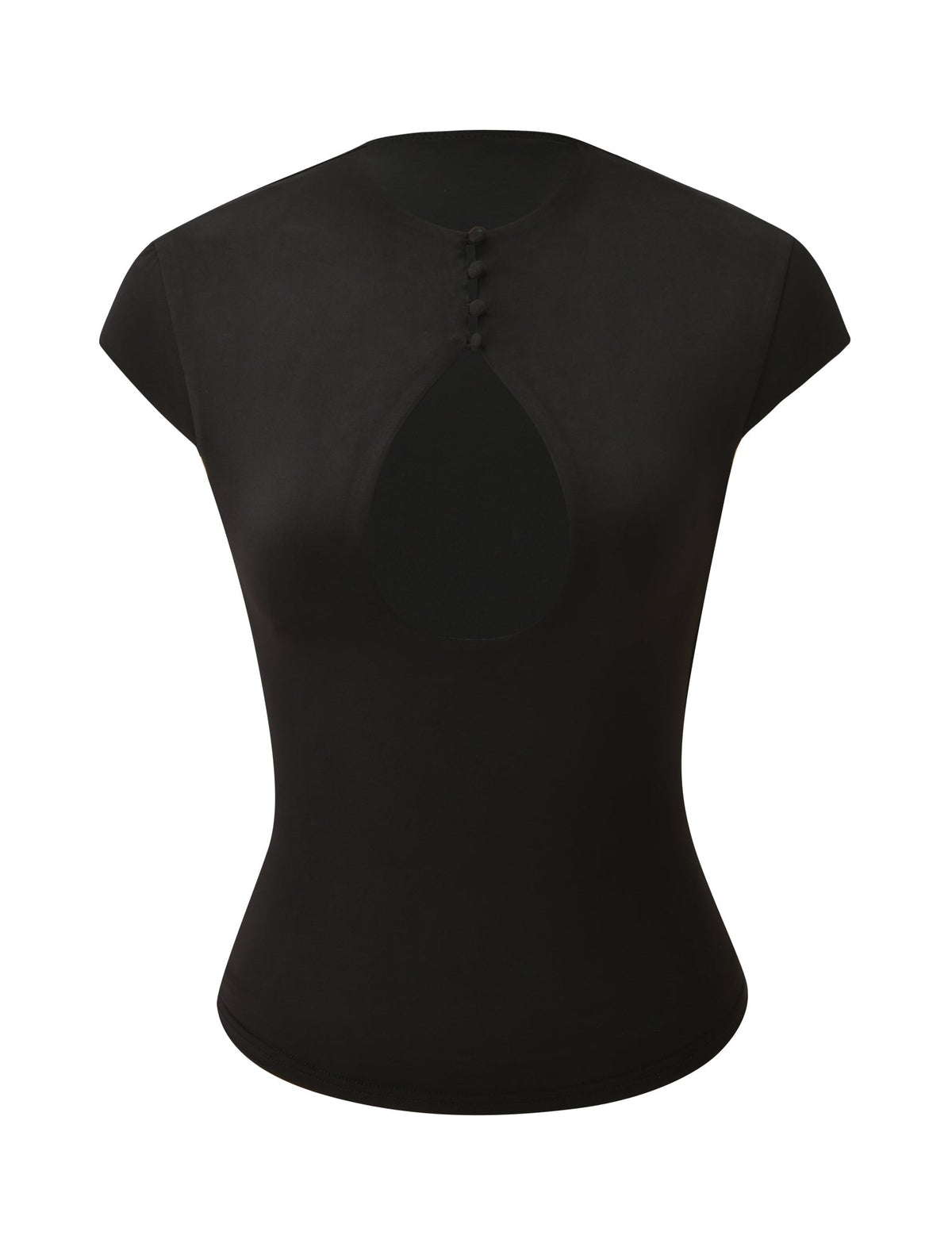 The MILLS TOP 2.0 - BLACK by TIGERMIST is a black cap sleeve top featuring a teardrop-shaped chest cutout, three small buttons at the neckline, and a figure-snatching fit, displayed against a plain white background.