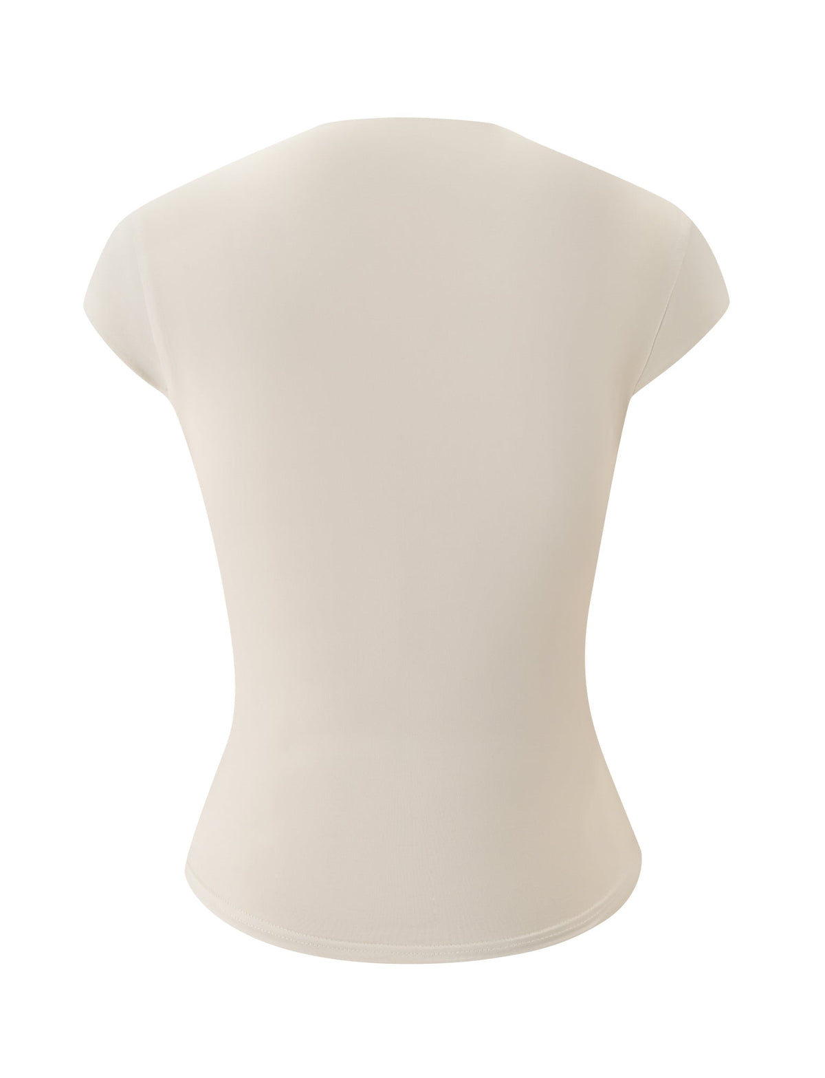 Back view of the MILLS TOP - CREAM by TIGERMIST, a plain, short-sleeve, bodycon fit women’s top in a cream shade, displayed on a white background with no visible logos, patterns, or embellishments.