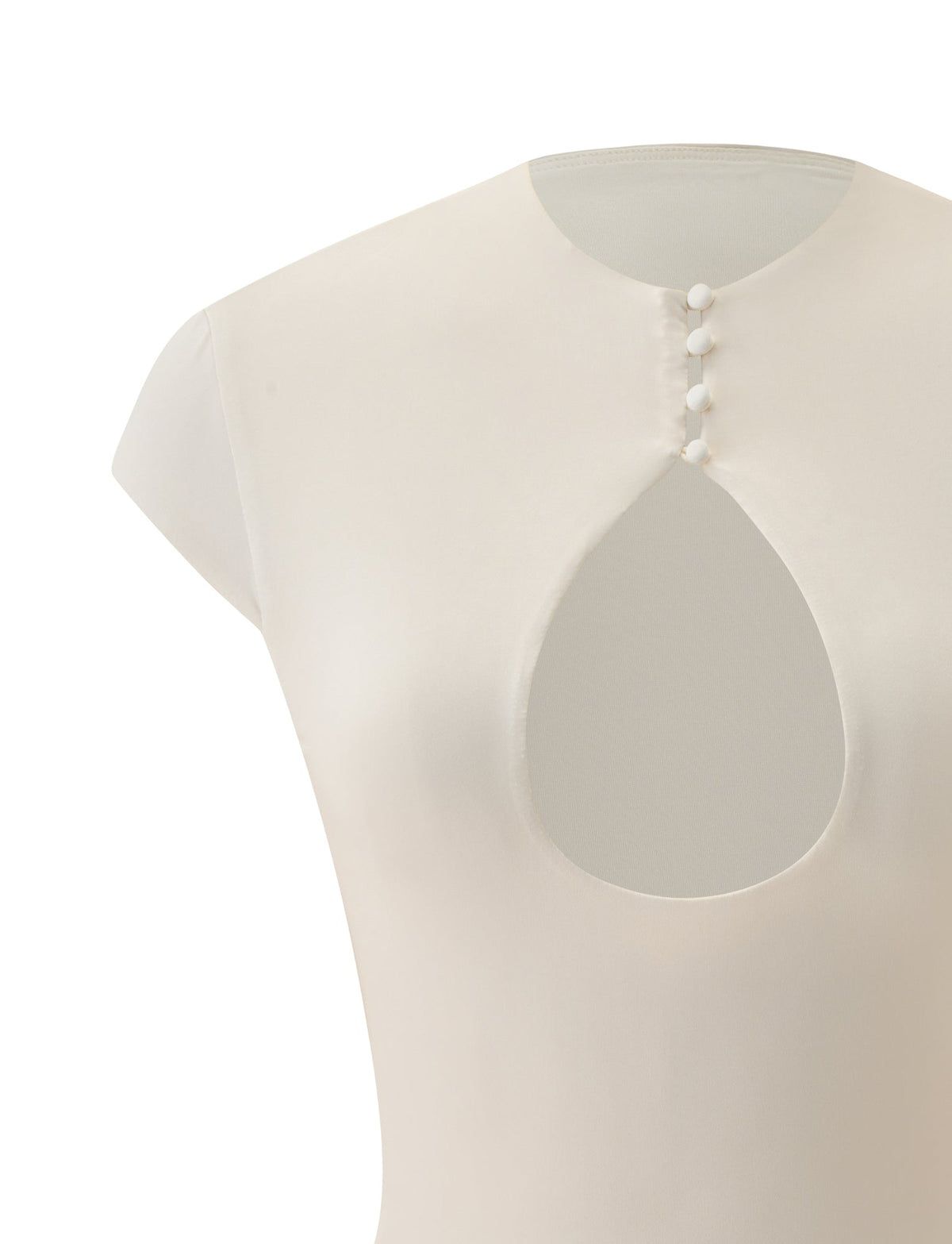 Close-up of the TIGERMIST MILLS TOP in cream, showcasing cap sleeves, a bodycon fit, a round cutout beneath the neckline, and four small buttons accenting the top of the cutout.
