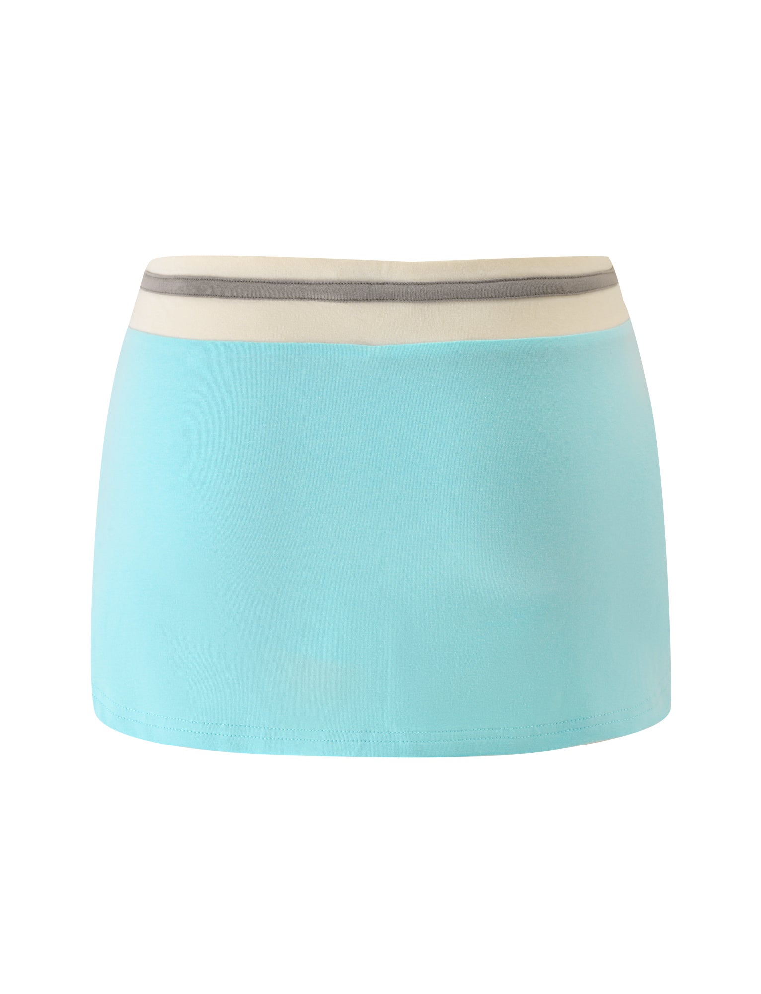 The COLLINS MINI SKORT - AQUA by TIGERMIST features a light blue design with a white and gray striped waistband, shown against a plain white background for a comfortable yet stylish appearance.