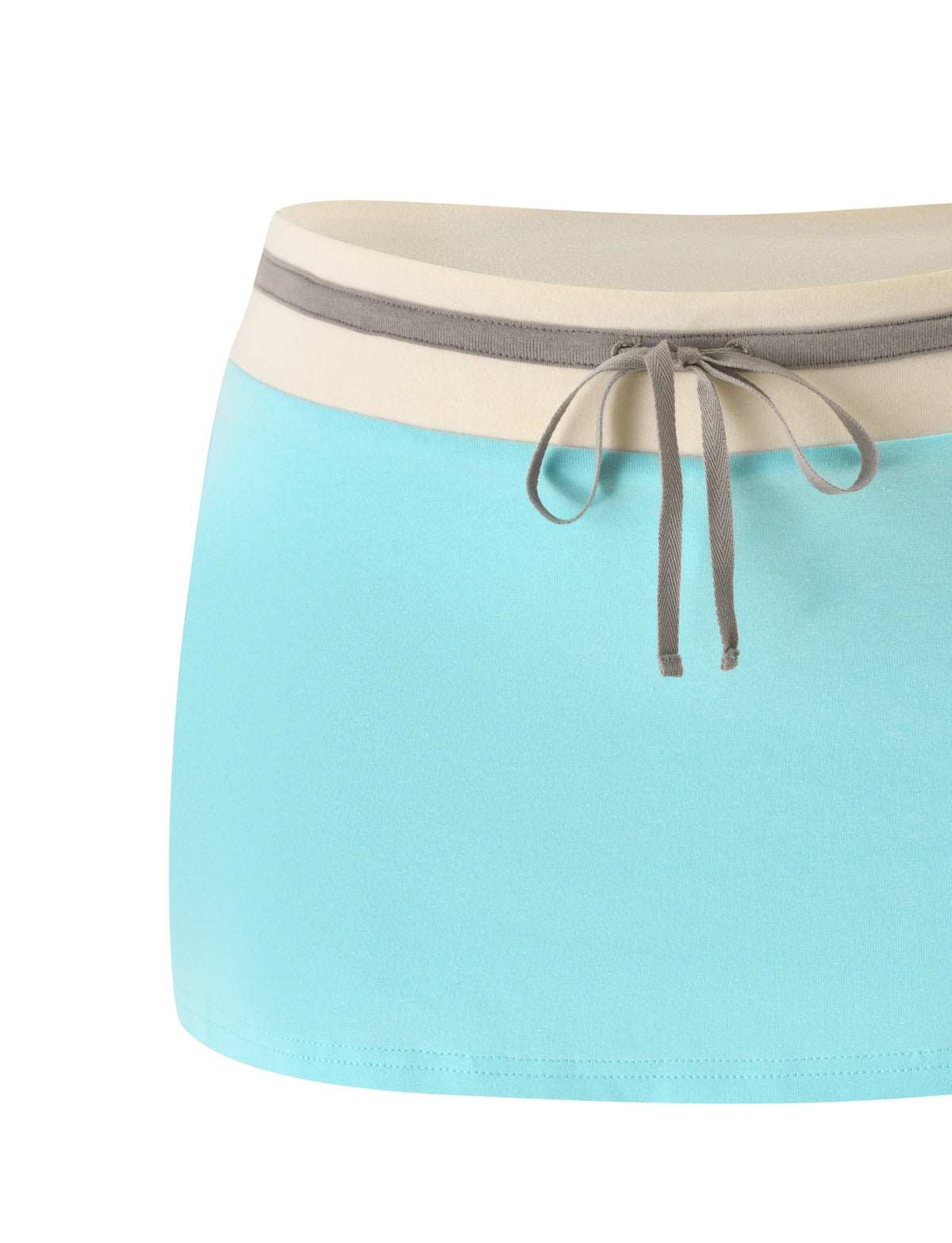 The TIGERMIST COLLINS MINI SKORT in aqua features a comfortable design with a beige waistband and gray drawstring tie, displayed against a white background.