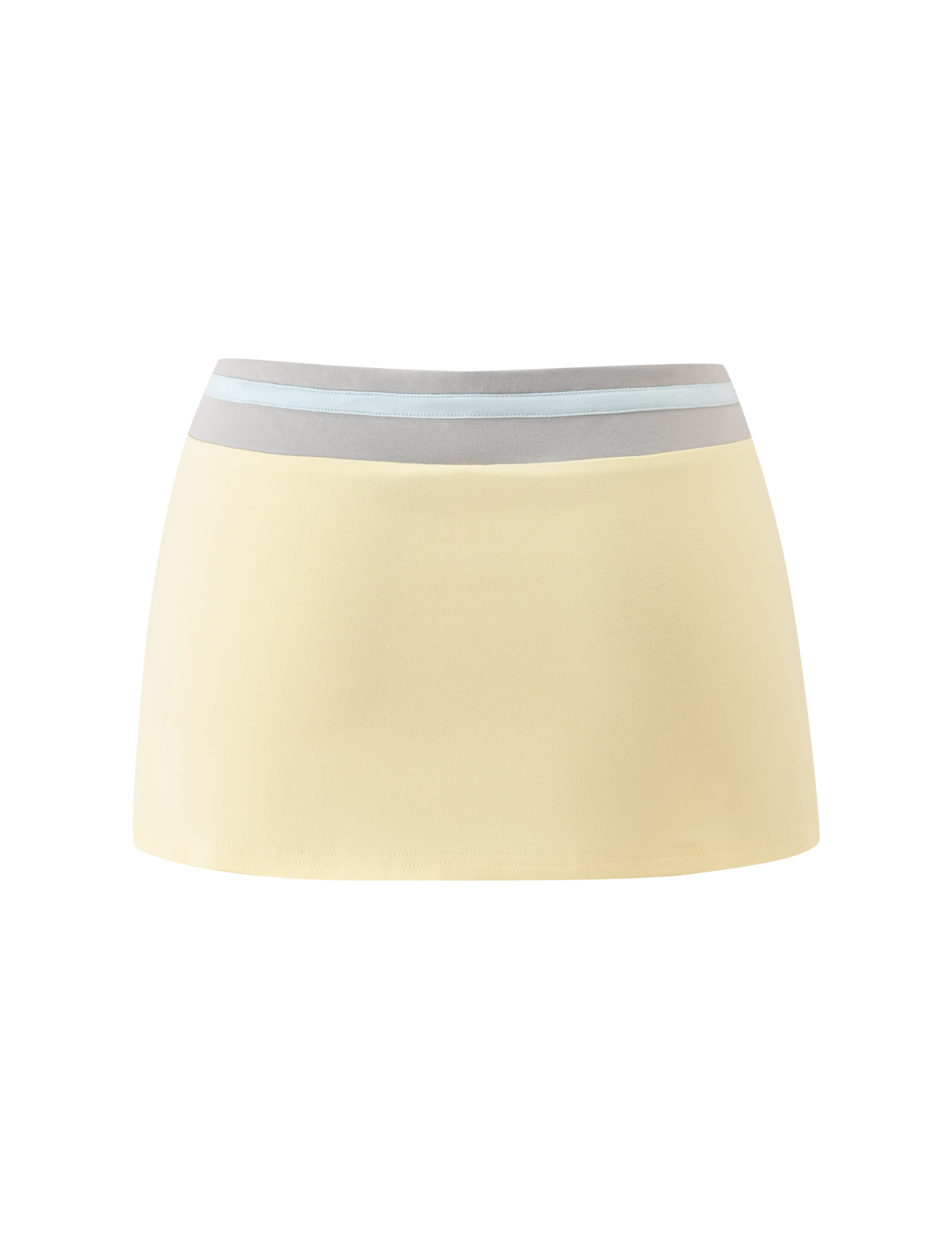 The TIGERMIST COLLINS SKORT - BUTTER is a butter yellow skort with a wide waistband and light blue and gray horizontal stripes, shown against a plain white background.