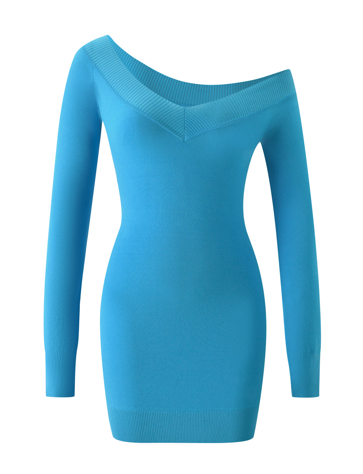 The TIGERMIST PARKER KNIT MINI DRESS in Capri features a bright blue hue, long sleeves, an off-the-shoulder asymmetrical neckline, and ribbed cuffs and hem, displayed on a plain white background.