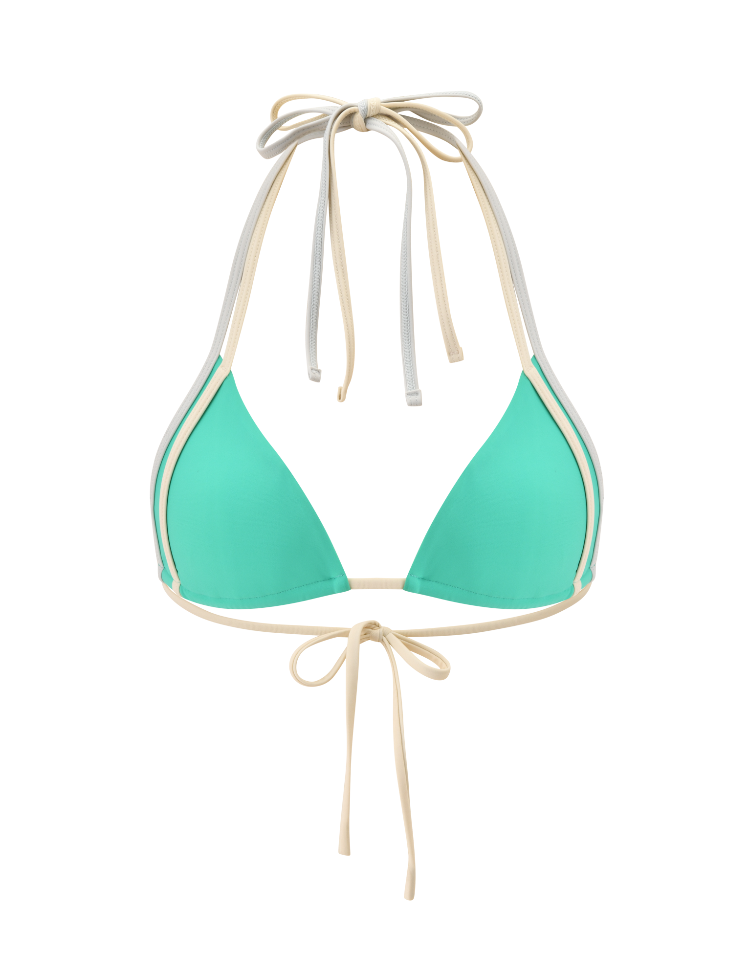 The TIGERMIST JACE BIKINI TOP in Kelly Green features adjustable neck and back ties and beige and white trim, styled like a halter bikini, shown against a plain white background.