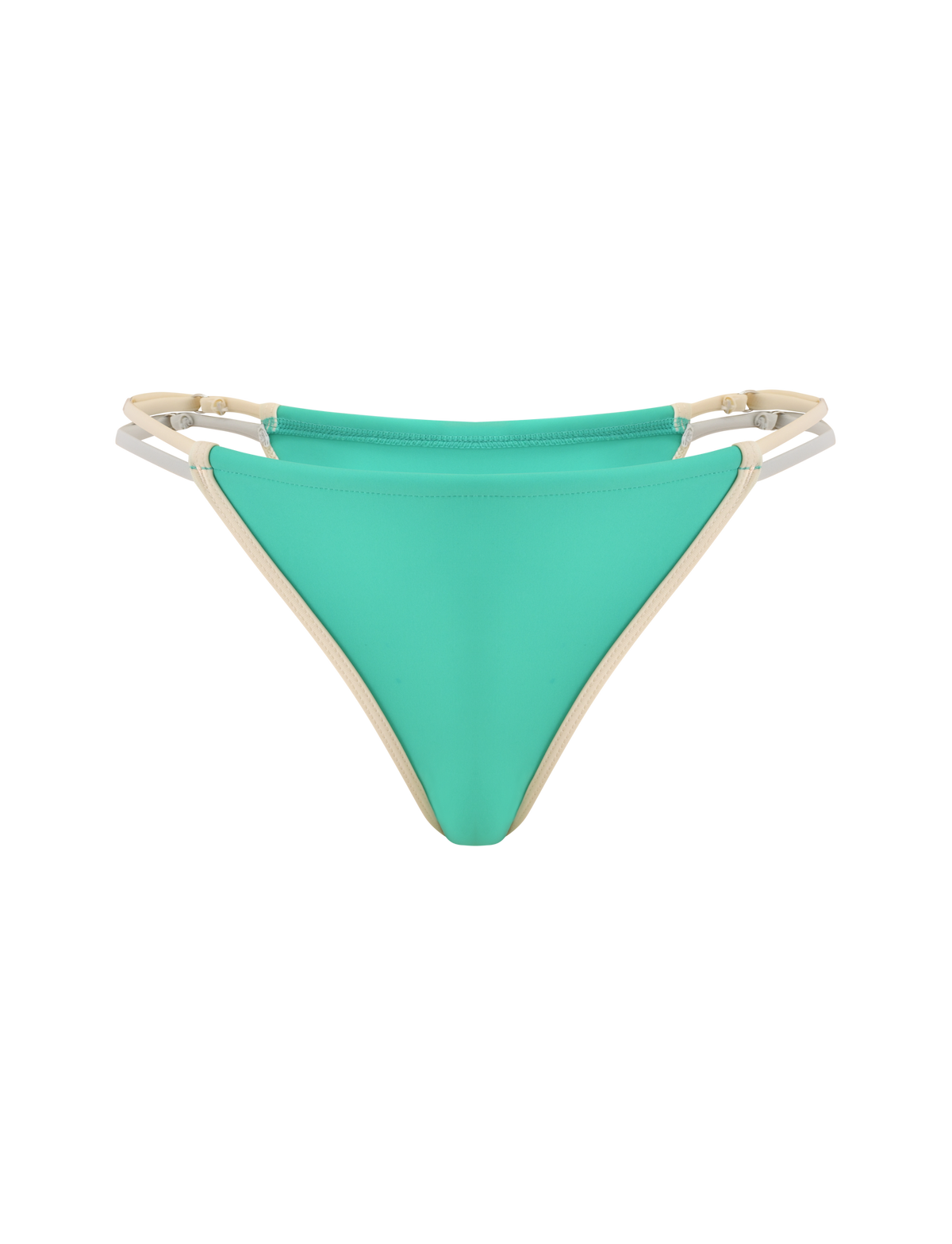 The TIGERMIST JACE BIKINI BOTTOM in Kelly Green is a low-rise style featuring beige and white double side straps, shown against a plain white background.
