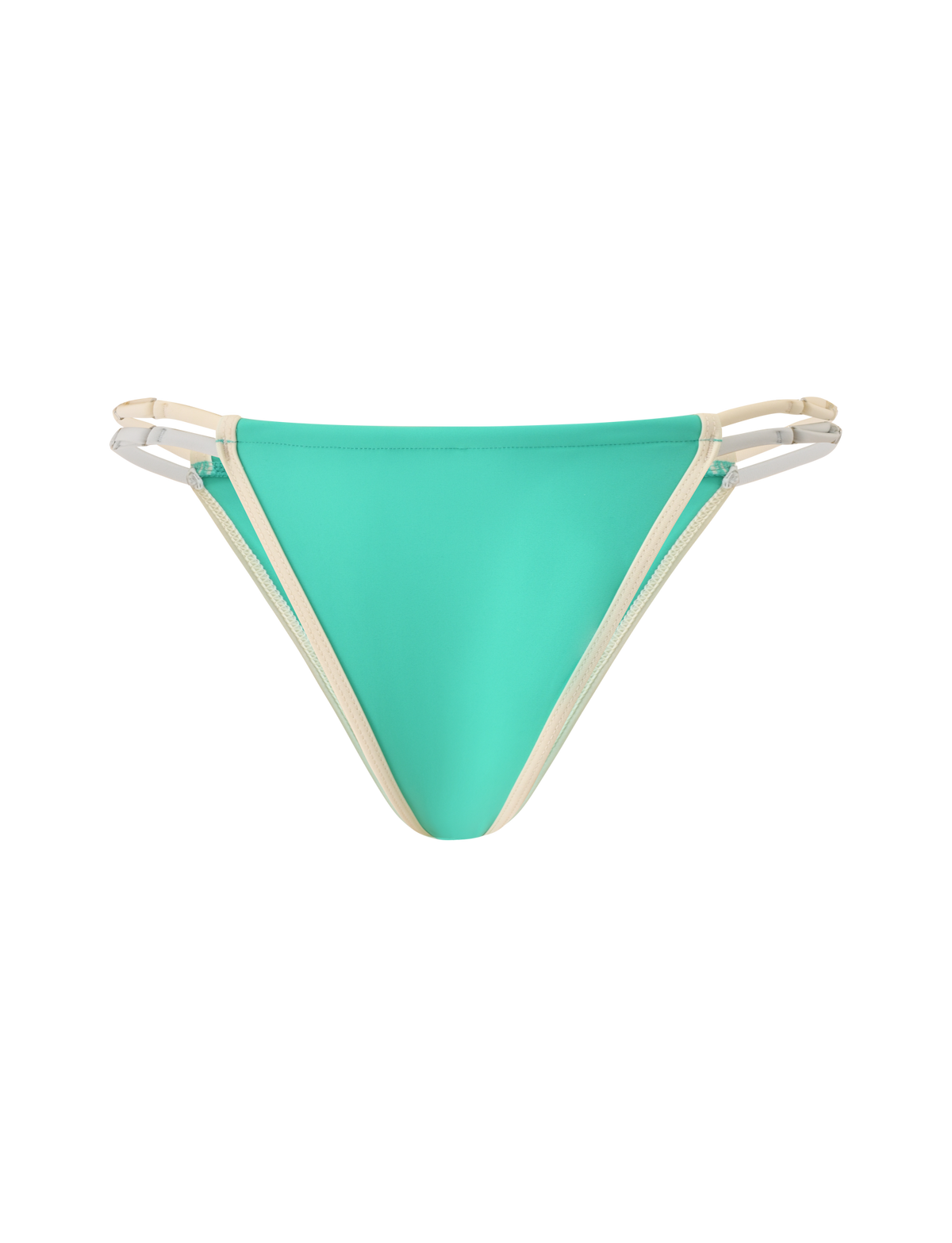 The TIGERMIST JACE BIKINI BOTTOM in kelly green features a super cheeky, low-rise fit with beige trim and double side straps, shown against a plain white background.