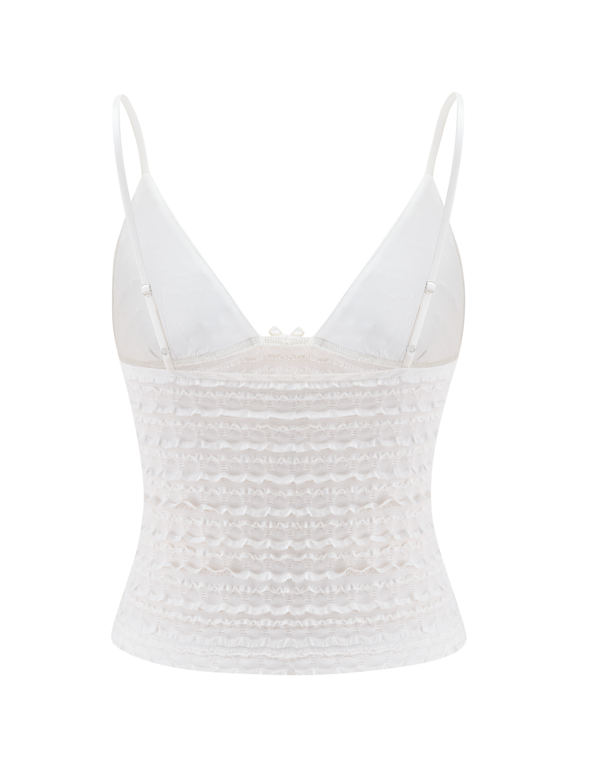 The ZORA TOP - CREAM by TIGERMIST is a sleeveless cami featuring adjustable spaghetti straps, a sheer mesh bust, and a ruched textured body, displayed on a plain white background.