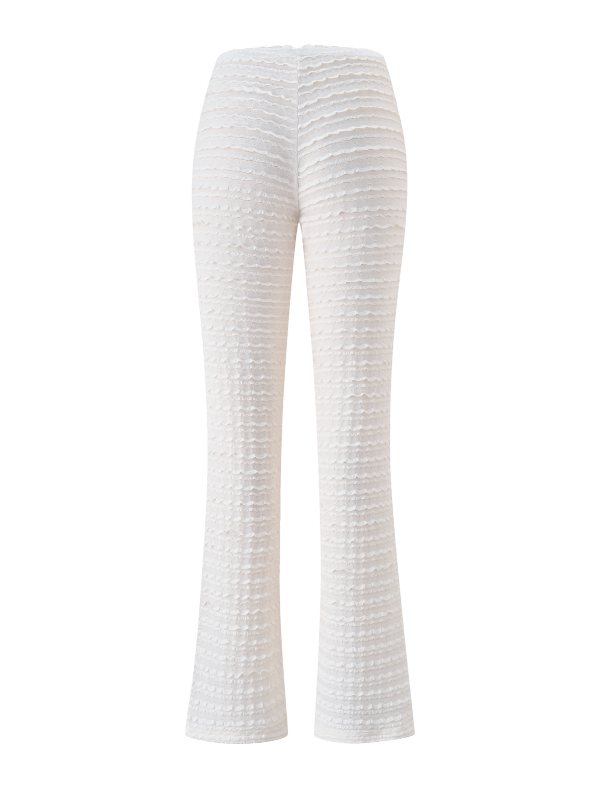 The ZORA PANT - CREAM by TIGERMIST features high-waisted, flared legs with a subtle ruffle design and textured horizontal ridges, shown from the back against a plain white background.
