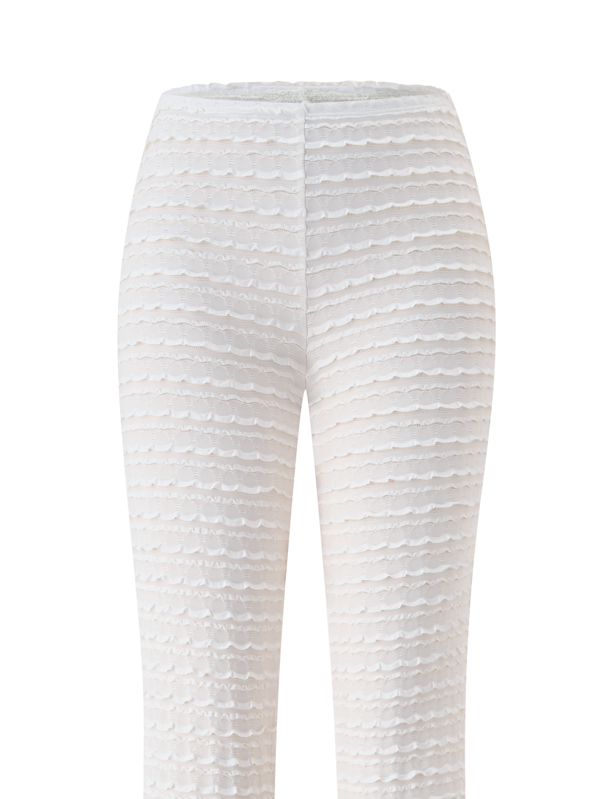 The TIGERMIST ZORA PANT - CREAM features a high waist and fitted silhouette with textured horizontal scalloped ruffles throughout, designed without visible pockets or embellishments. Set against a plain white background.