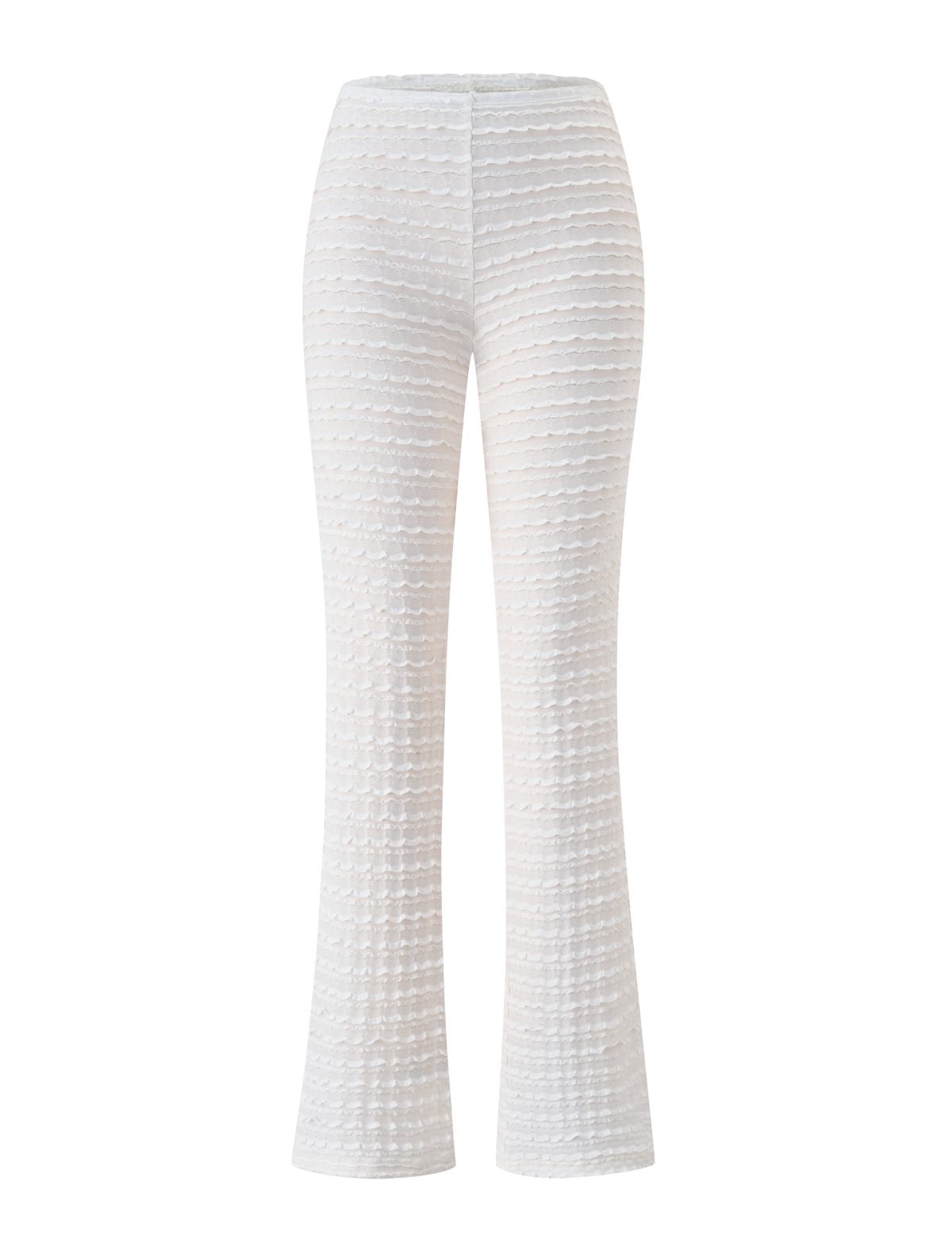 The TIGERMIST ZORA PANT - CREAM is a high-waisted, full-length pant with a subtle horizontal pattern and slight flare, perfect as a chic beach cover-up, shown on a plain white background.