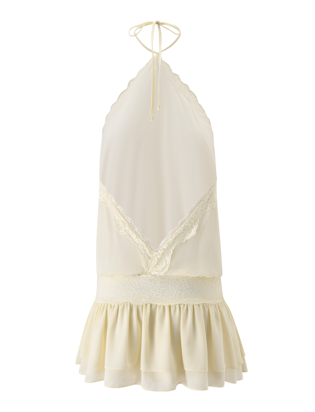 The TESSIE MINI DRESS in cream by TIGERMIST features a halter neckline, lace trim, deep V-lace front accent, elastic lace waistband, and ruffled hem. Made from soft, lightweight fabric—perfect for resort styling.