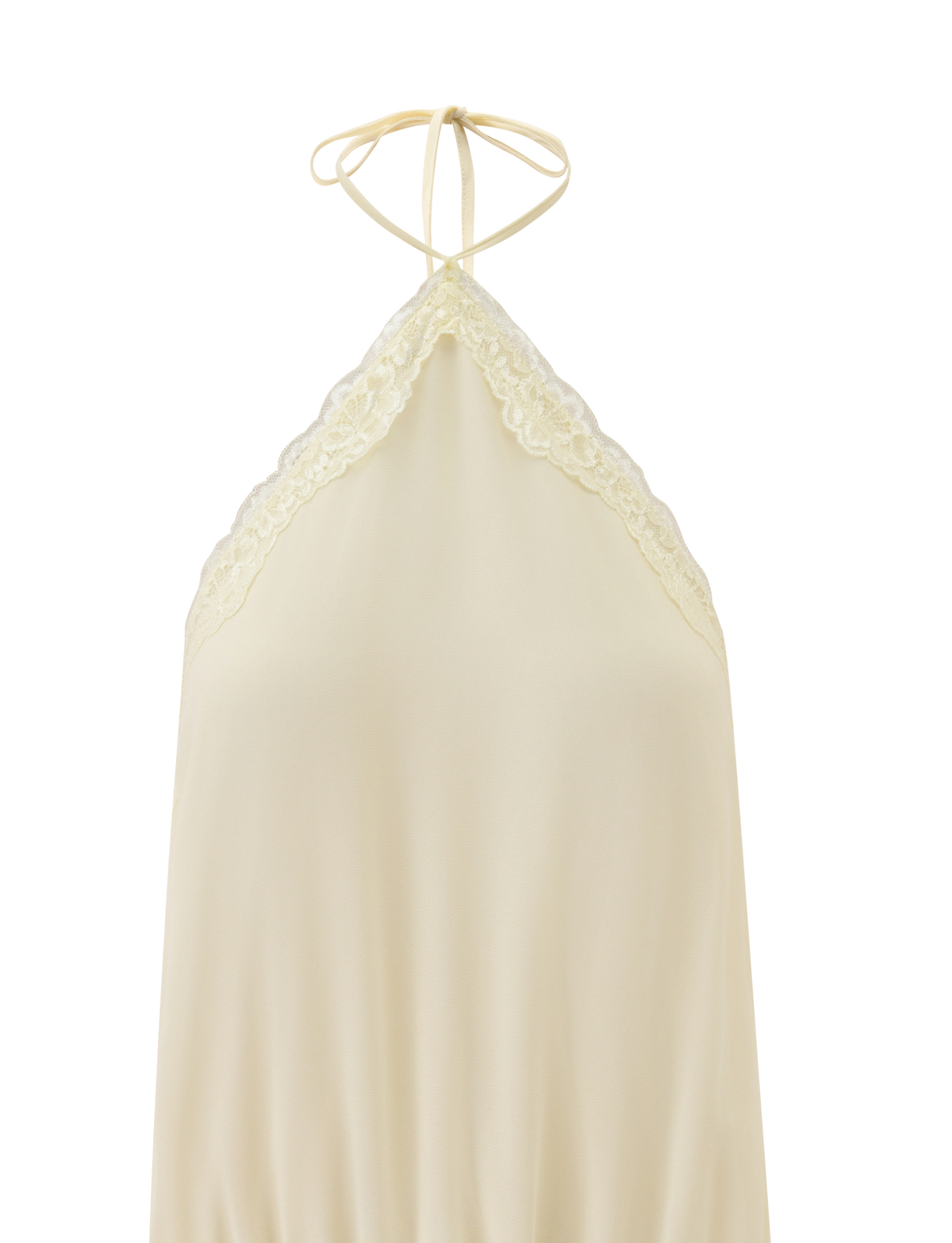 The TESSIE MINI DRESS by TIGERMIST features a cream hue, halter neck, delicate lace trim, silky fabric, and adjustable back ties—perfect for effortless resort style.