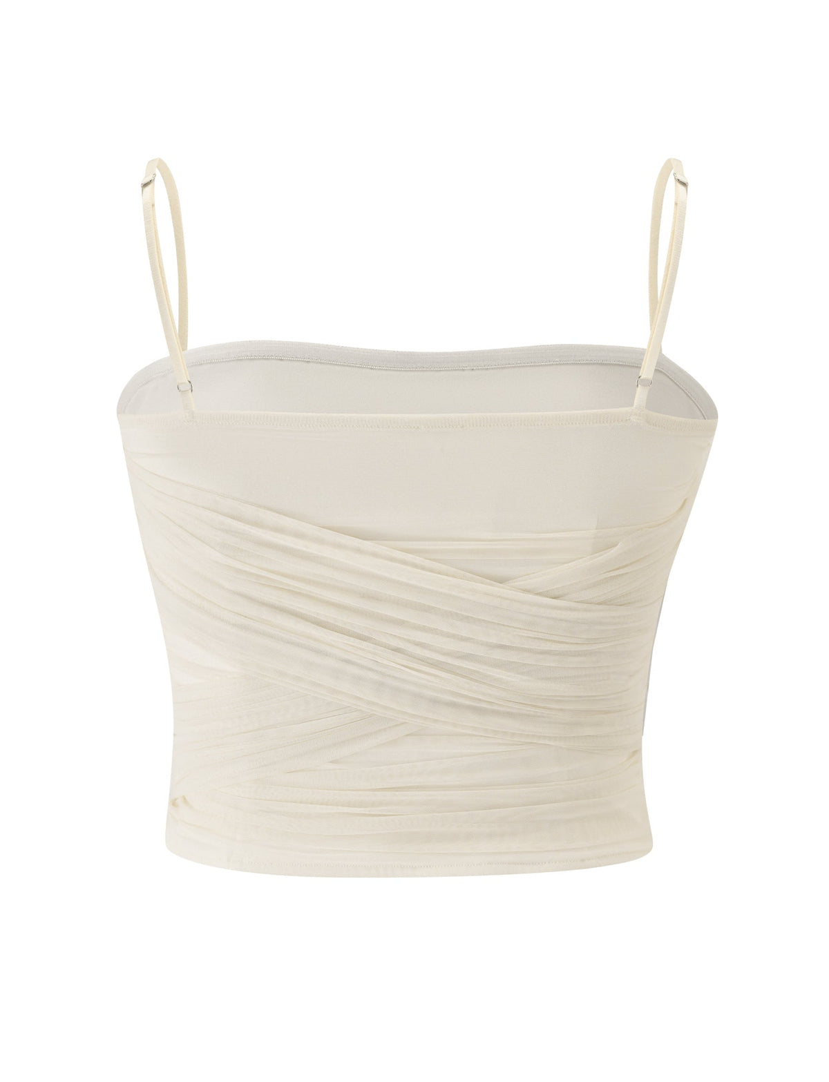 The JUNA TOP - CREAM by TIGERMIST is a cream-colored, sleeveless mesh cami featuring thin spaghetti straps and a fitted silhouette. The front is detailed with draped, ruched fabric and accented by delicate gold beaded trim, shown against a white background.