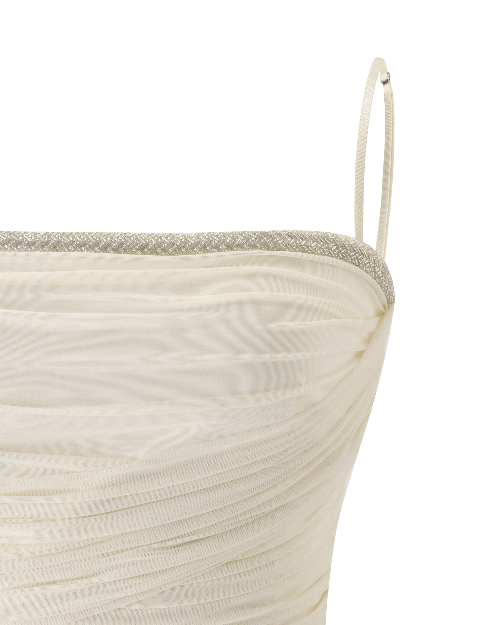 Close-up of the JUNA TOP in cream by TIGERMIST, featuring thin adjustable bra straps, white ruched fabric, and a silver beaded trim along the top edge, set against a plain white background.