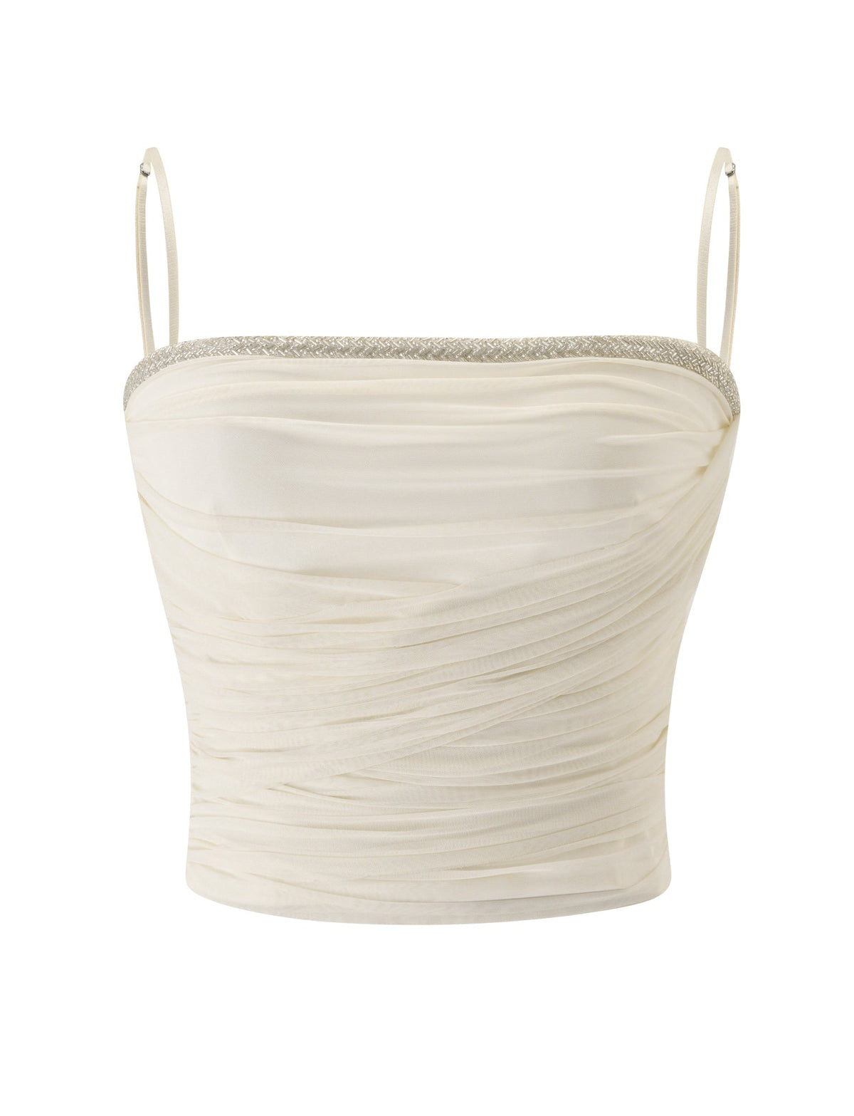 The JUNA TOP - CREAM by TIGERMIST features a white ruched crop design with thin, adjustable bra straps and a sparkling gold beaded trim along the neckline, shown against a plain white background.