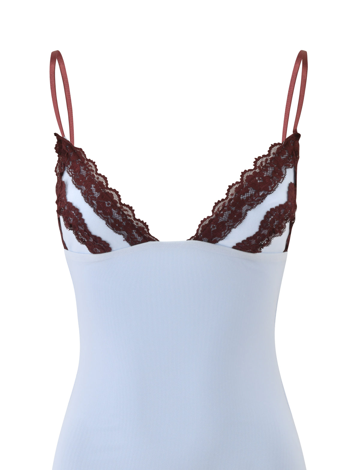 Blue and brown mini dress featuring thin adjustable shoulder straps and a lace trim along the neckline, displayed on a plain white background. The dress is by TIGERMIST, named ARIES MINI DRESS.