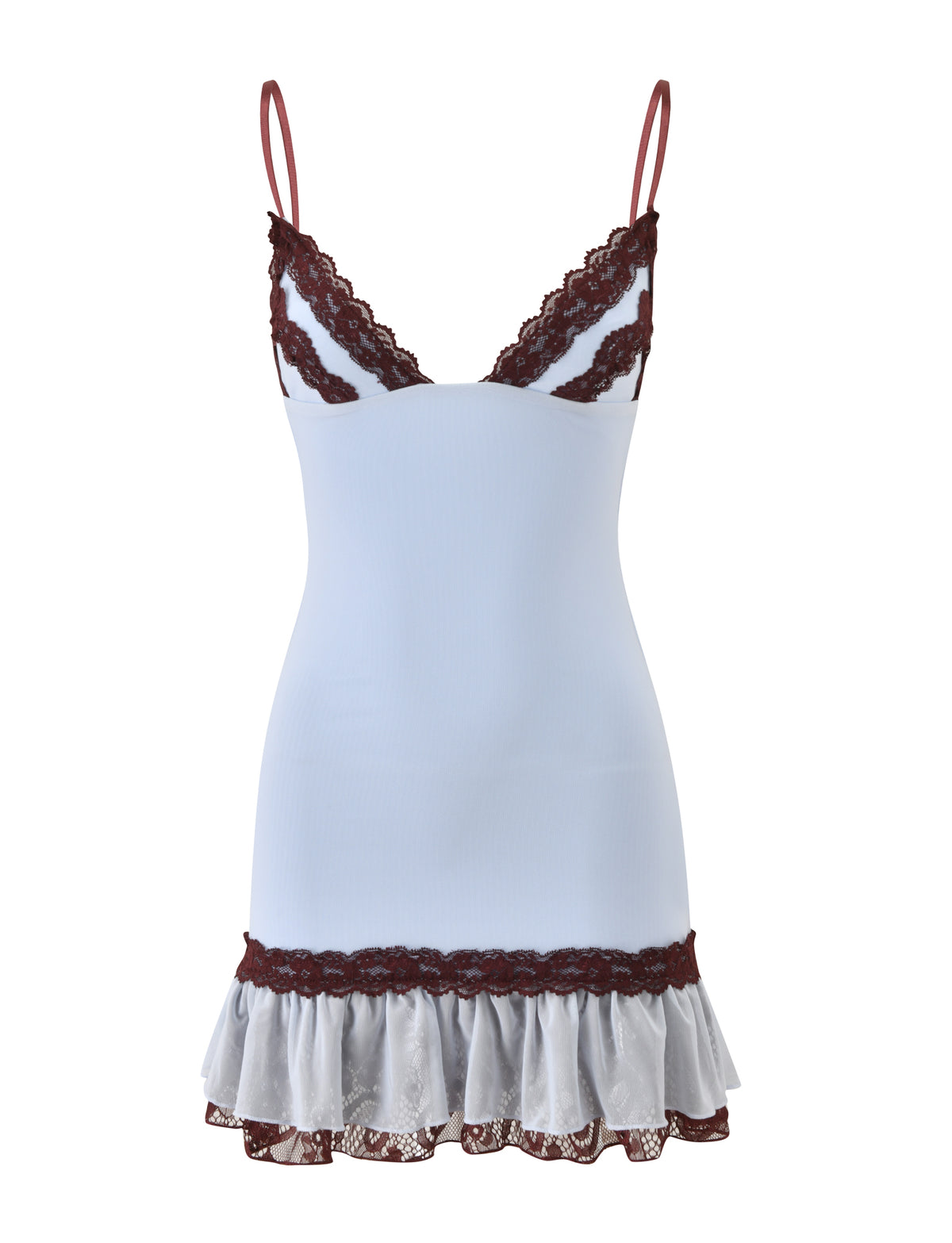 TIGERMIST ARIES MINI DRESS in blue and brown features a sleeveless design with adjustable shoulder straps, brown lace trim along the neckline and hem, and a flouncy ruffled bottom edge.