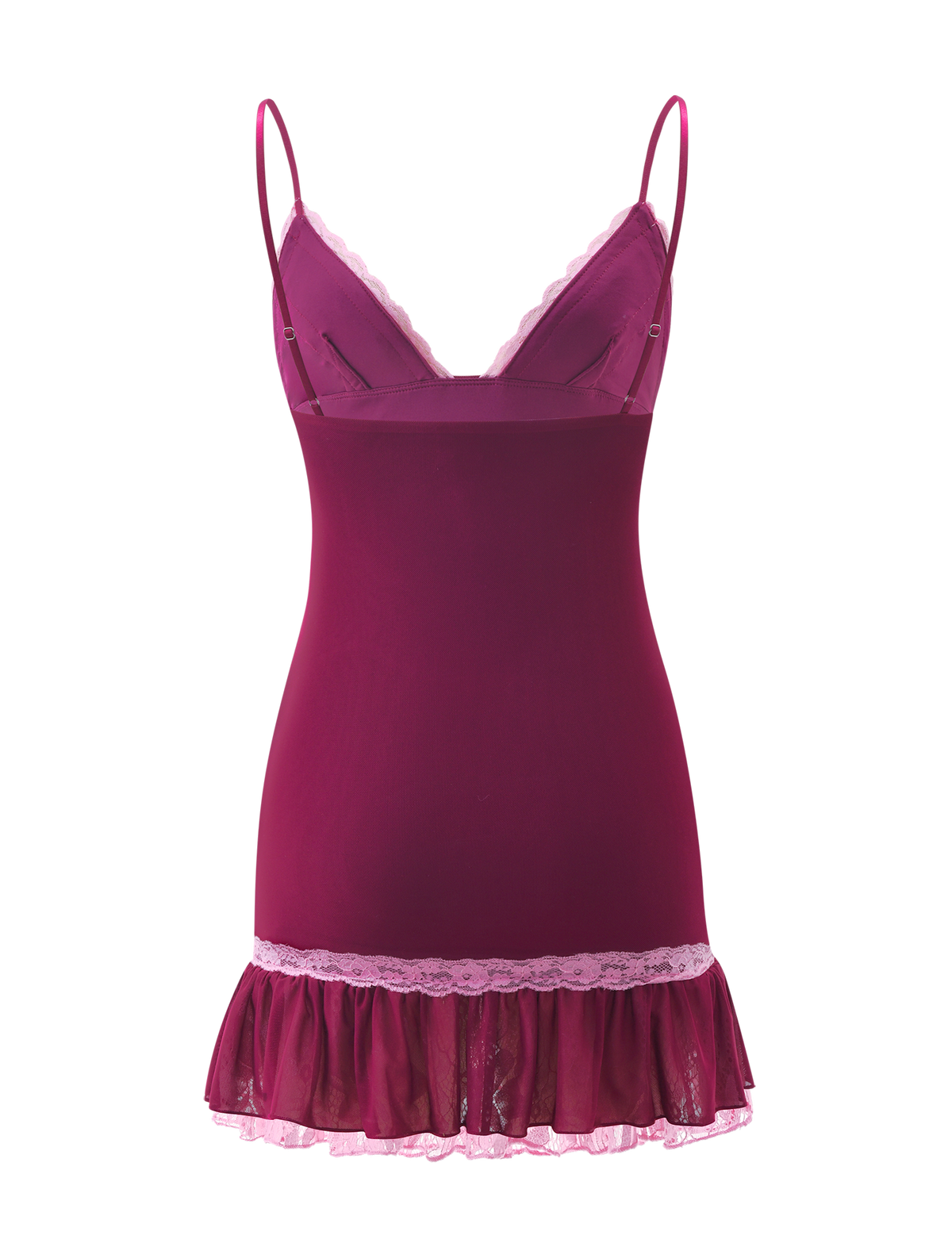 ARIES MINI DRESS - PLUM JAM deep purple ruffle mini dress with spaghetti straps, lace trim at the neckline and hem, and a fitted silhouette.
