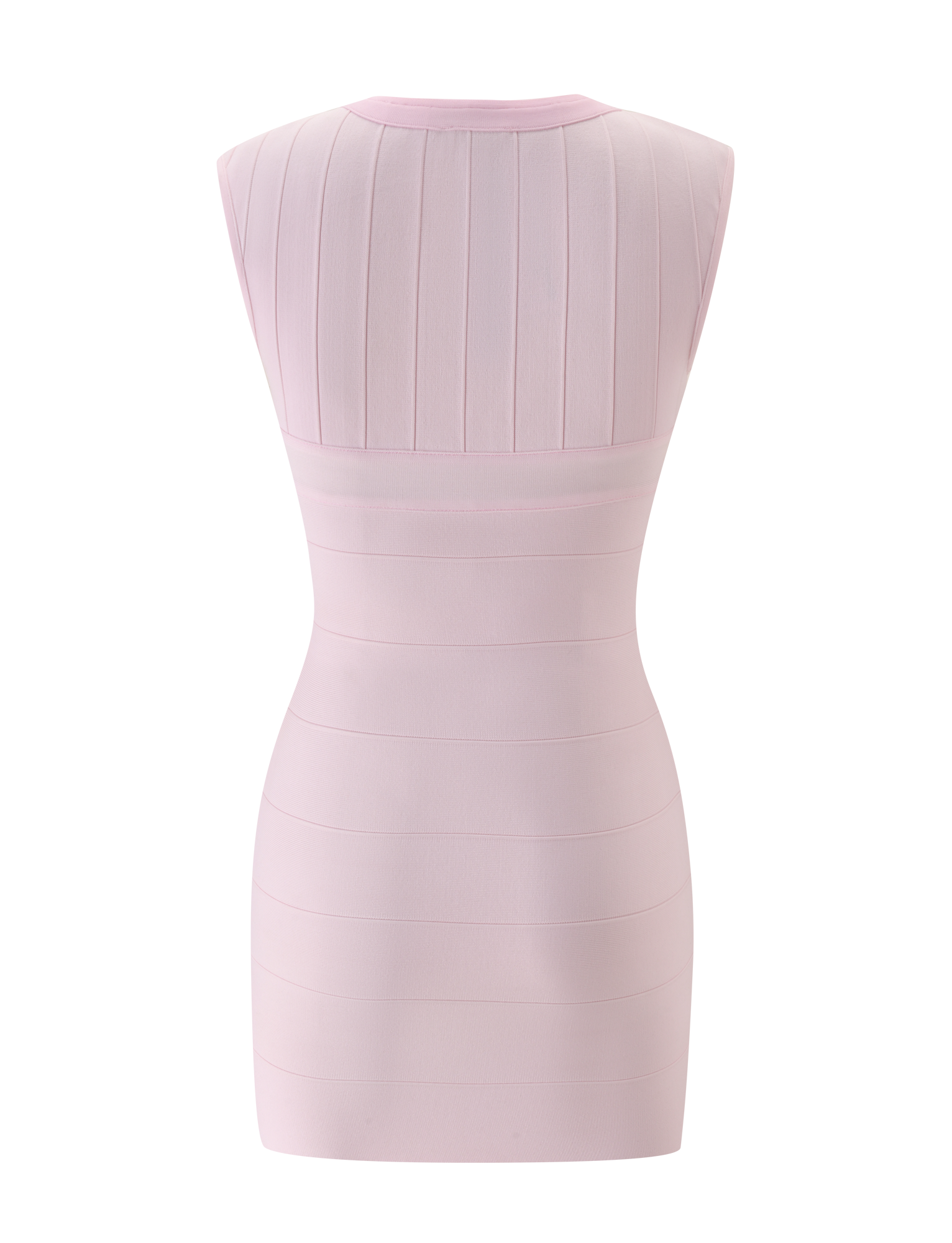 Back view of the TIGERMIST EMBER MINI BANDAGE DRESS in baby pink, featuring vertical and horizontal seam details in a sleeveless mini style, shown against a plain white background.