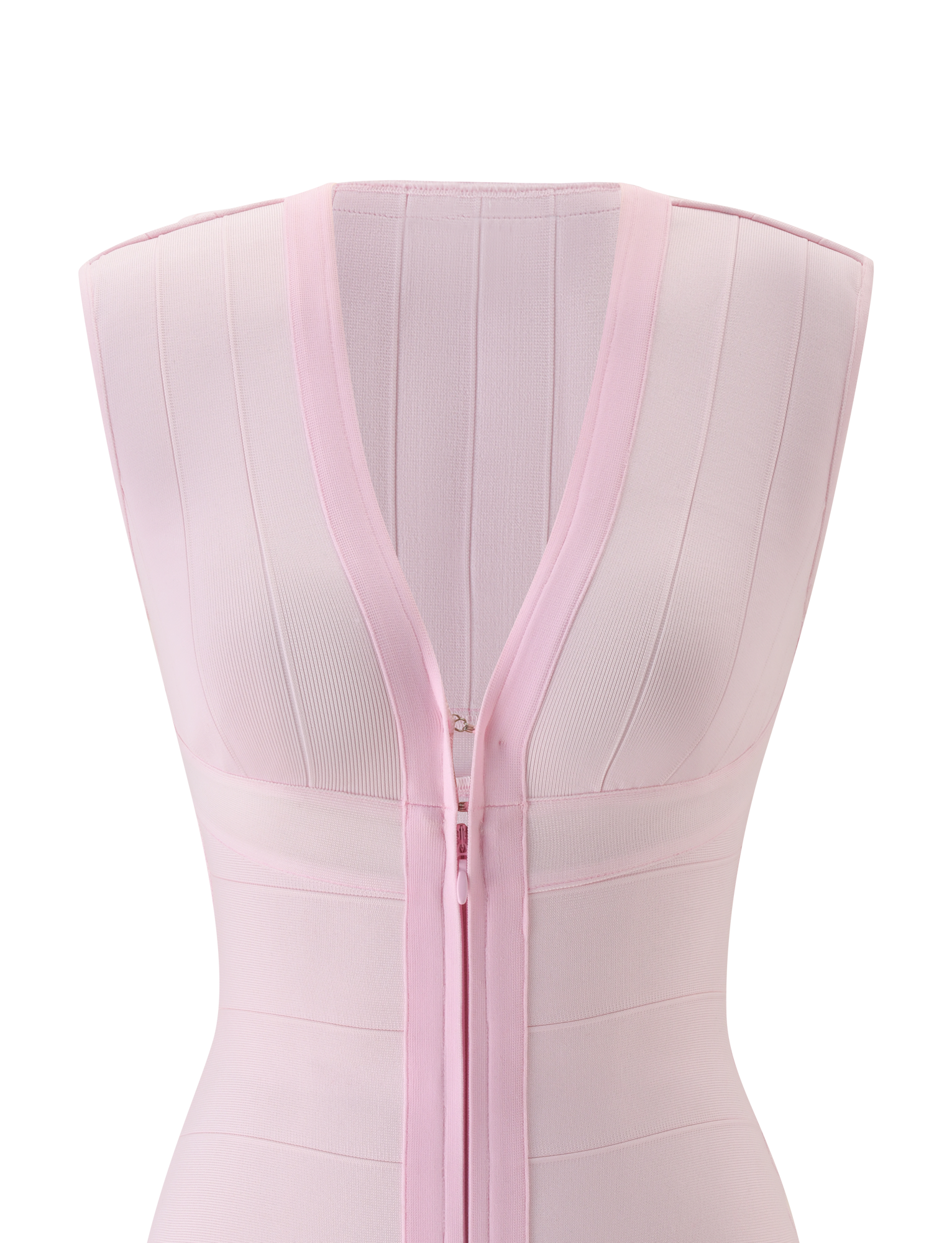 The TIGERMIST EMBER MINI BANDAGE DRESS in baby pink features vertical seams, a plunging v-neckline, visible front zipper, and ribbed fabric for a structured, fitted look. This sleeveless mini dress is perfect for a stylish statement.