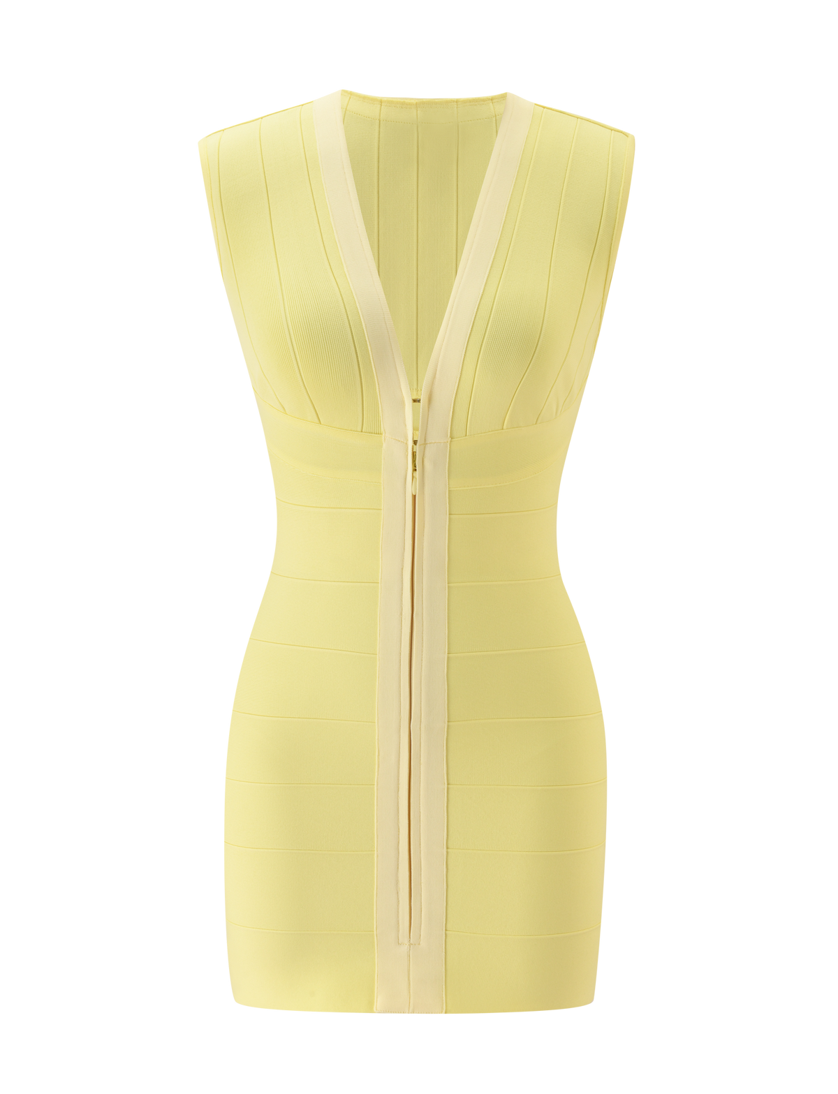 The EMBER BANDAGE MINI DRESS by TIGERMIST, shown in butter yellow, is a sleeveless, fitted mini dress featuring vertical panel details and a deep V-neckline, displayed on a white background.