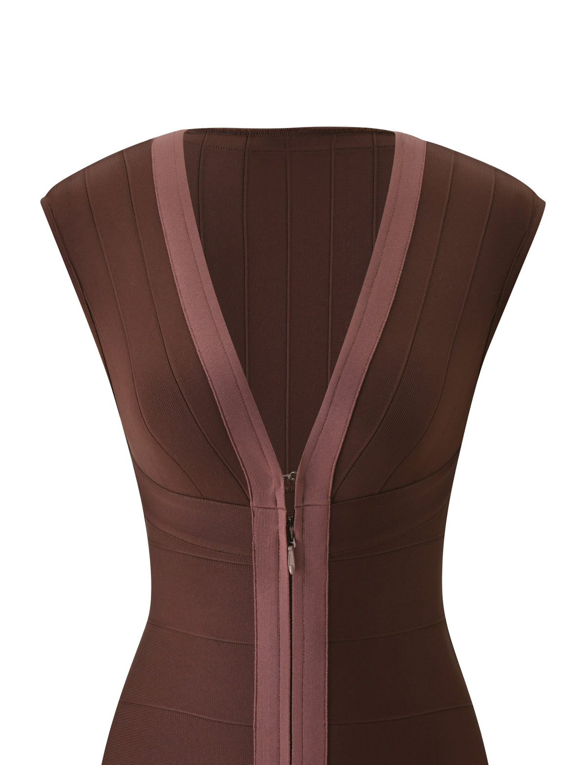 EMBER BANDAGE MINI DRESS - CHOCOLATE: a chocolate brown bandage mini dress featuring a bodycon fit, a deep V-neck, and a front zipper.