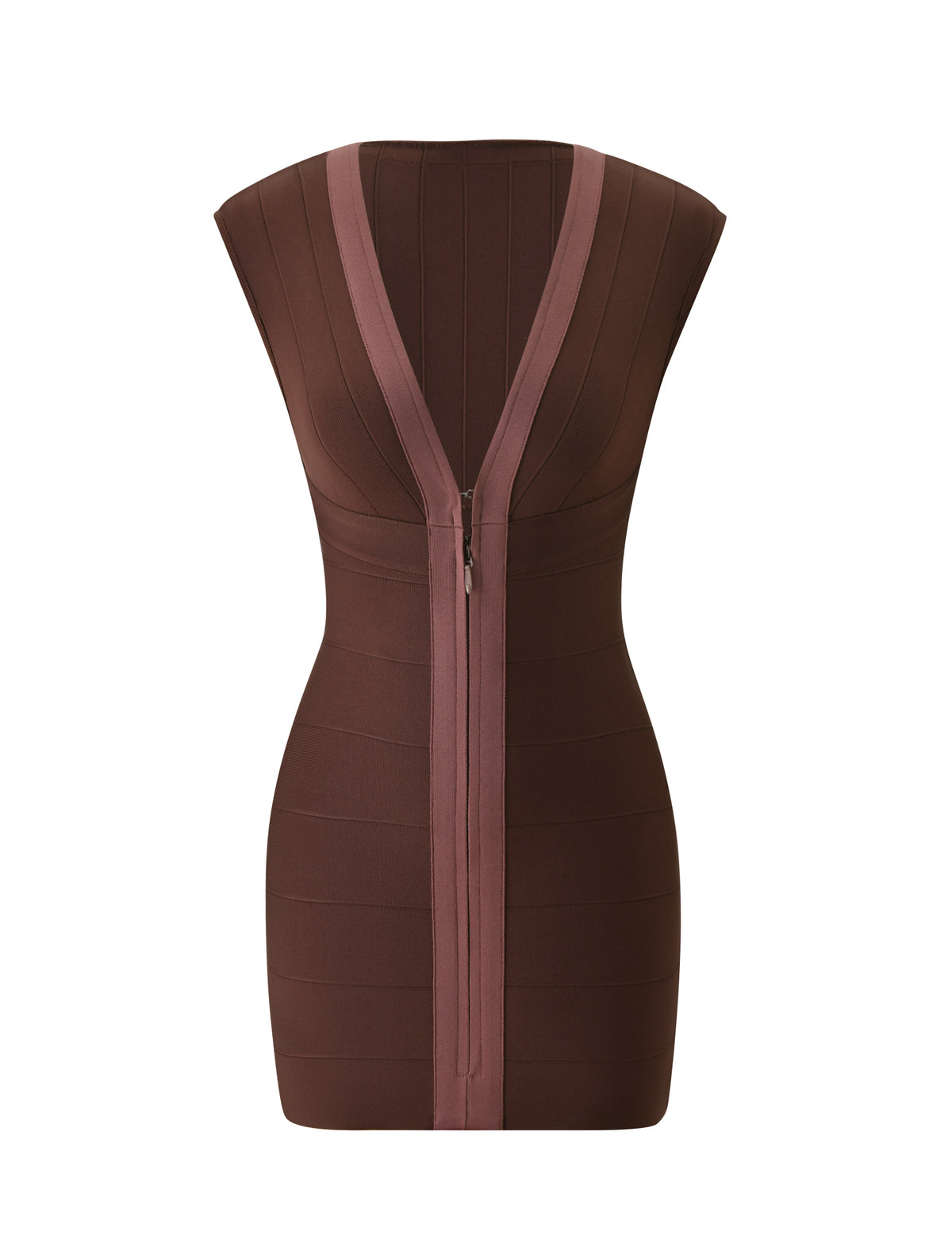The TigerMist Ember Bandage Mini Dress - Chocolate is a chocolate brown bandage mini dress featuring a deep, plunging V-neckline and a front zipper closure.