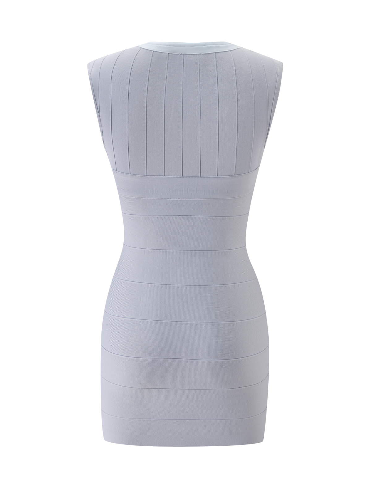The TIGERMIST EMBER Bandage Mini Dress in Dove Grey is a chic, sleeveless bodycon style with subtle vertical and horizontal ribbed detailing for a fitted look, showcased here from the back. This mini dress offers a modern twist on the classic bandage silhouette.