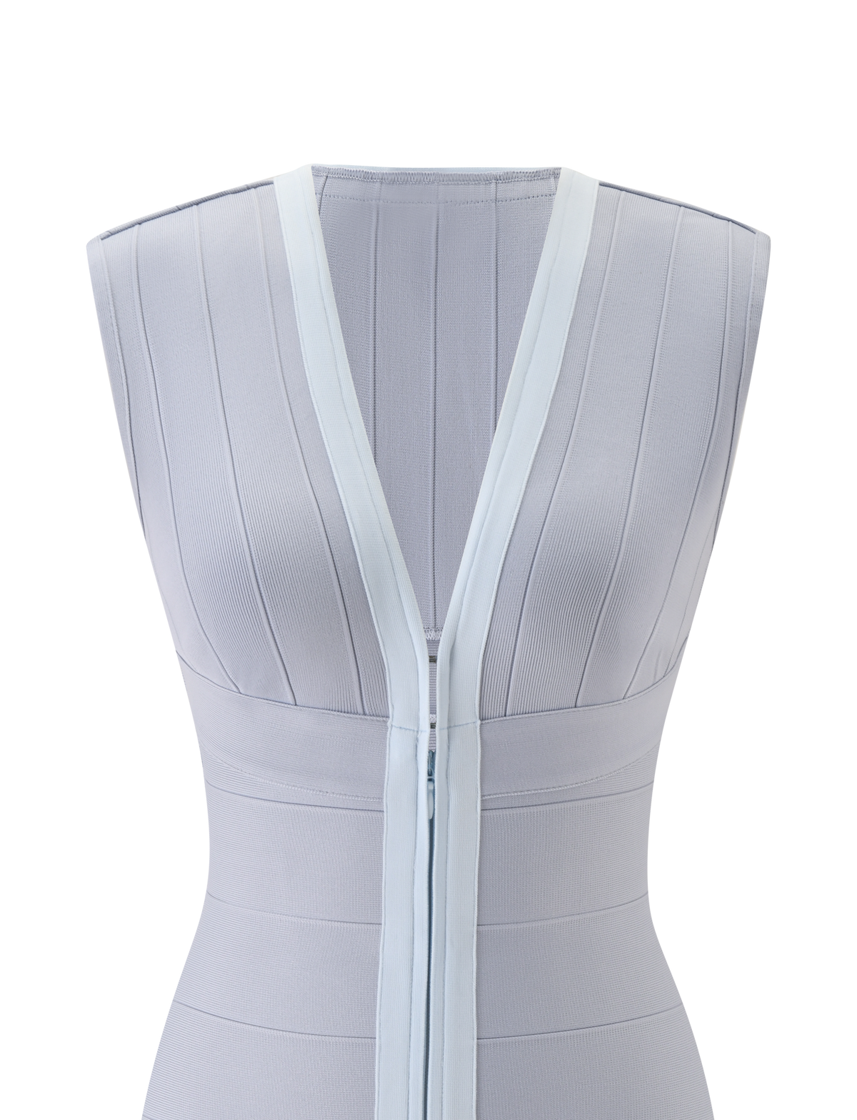 The TIGERMIST EMBER BANDAGE MINI DRESS in dove grey showcases a sleeveless, bodycon silhouette with a deep V-neckline. It features a vertical ribbed texture and is accented by a light blue trim along the neckline and zipper, ensuring the details stand out against the simple white backdrop.