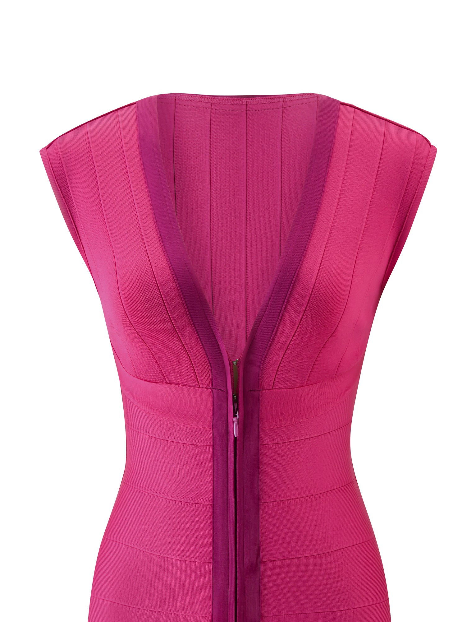 Introducing the TIGERMIST EMBER BANDAGE MINI DRESS in magenta—a sleeveless, form-fitting mini dress with vertical seam details, a deep V-neckline, and a bold front zipper for a striking bodycon silhouette.