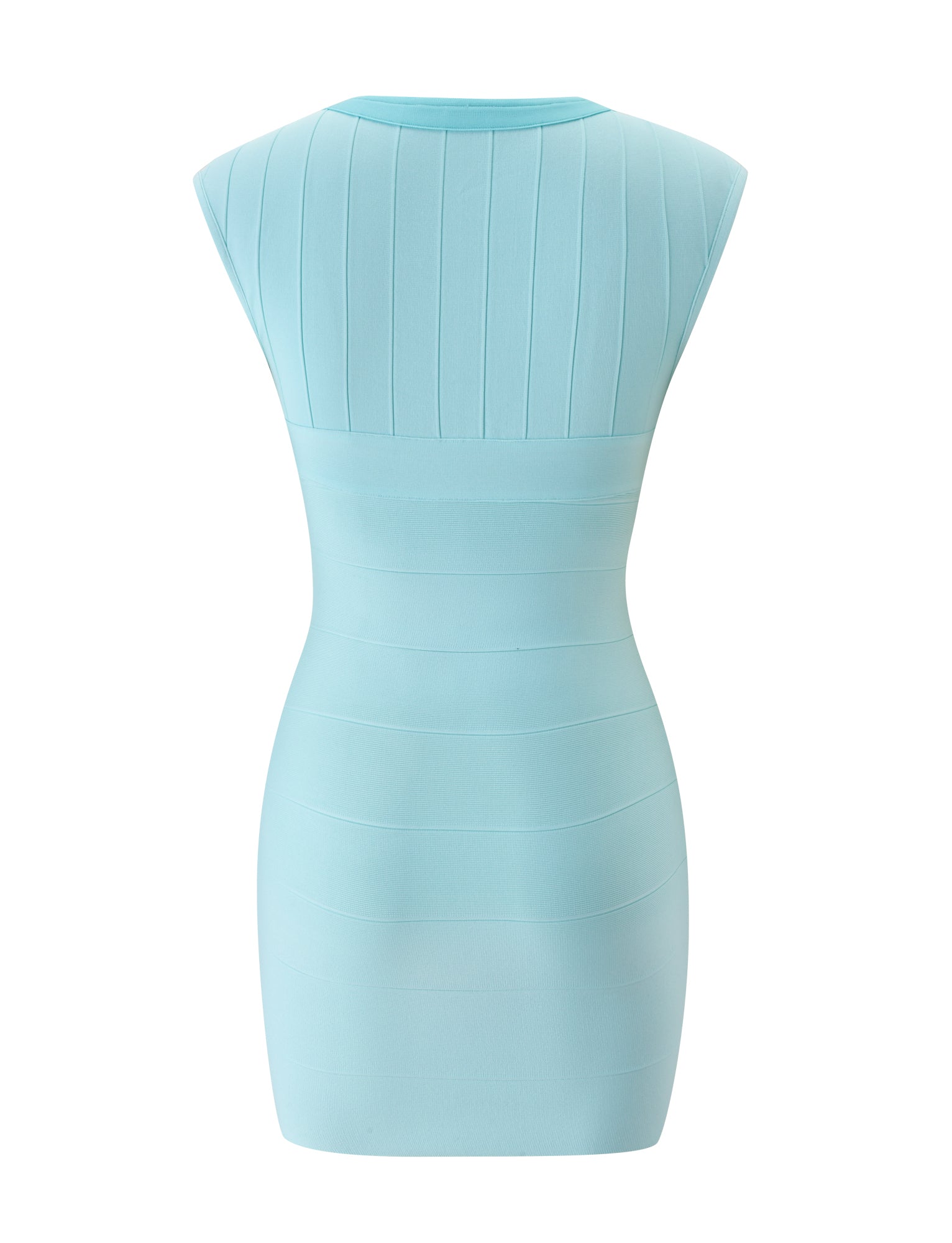 The EMBER BANDAGE MINI DRESS by TIGERMIST in Minty Blue is a light blue, sleeveless, form-fitting mini dress showcased from the back. It features vertical and horizontal panel detailing on the upper section and a smooth fabric finish on the lower part—making it a perfect summer dress for any occasion.