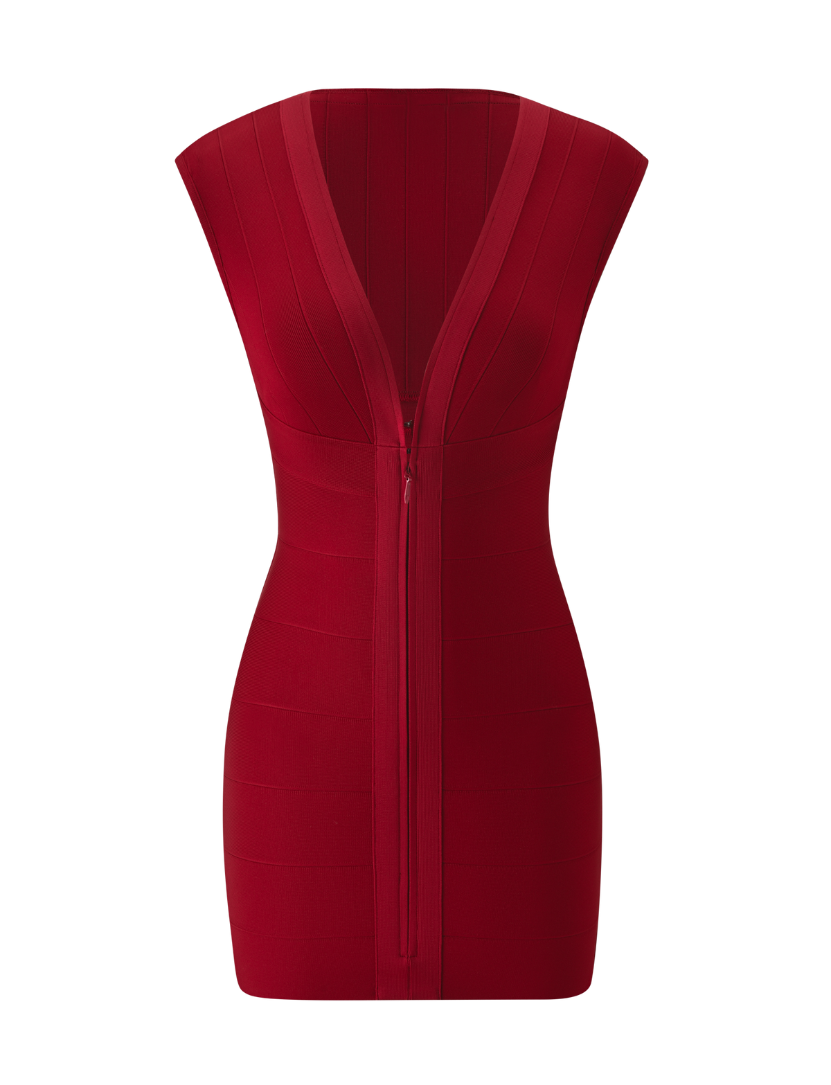 EMBER BANDAGE MINI DRESS - CHERRY RED sleeveless bodycon mini dress featuring a deep V-neck and a front zipper.