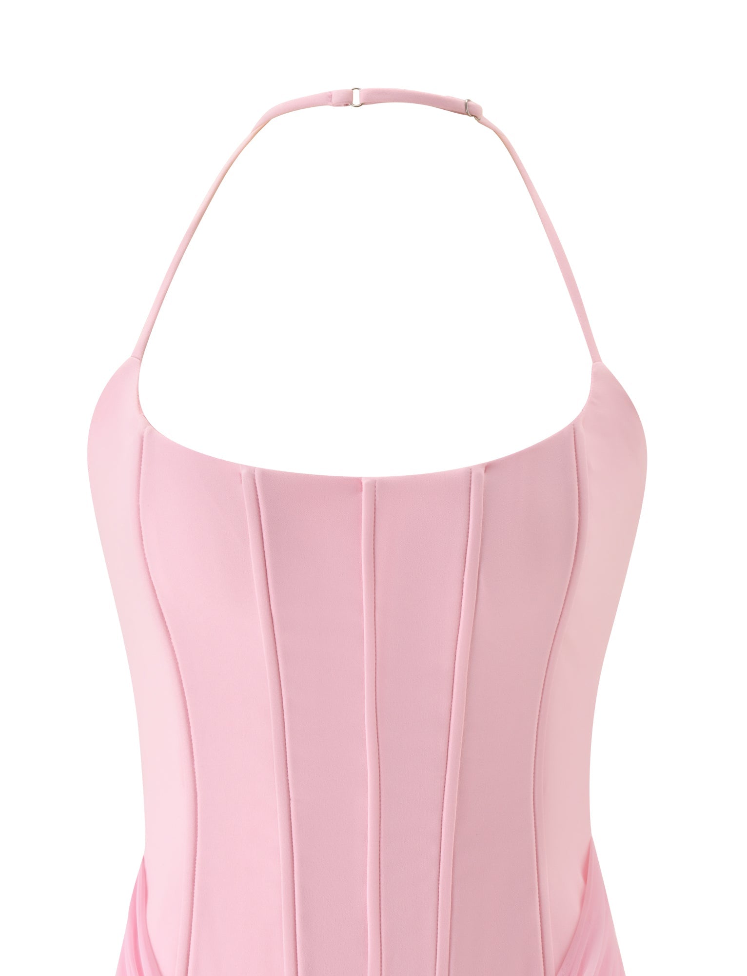 The LYZA MINI DRESS in baby pink by TIGERMIST, featuring vertical seam detailing on the bodice, is shown from the front against a white background.