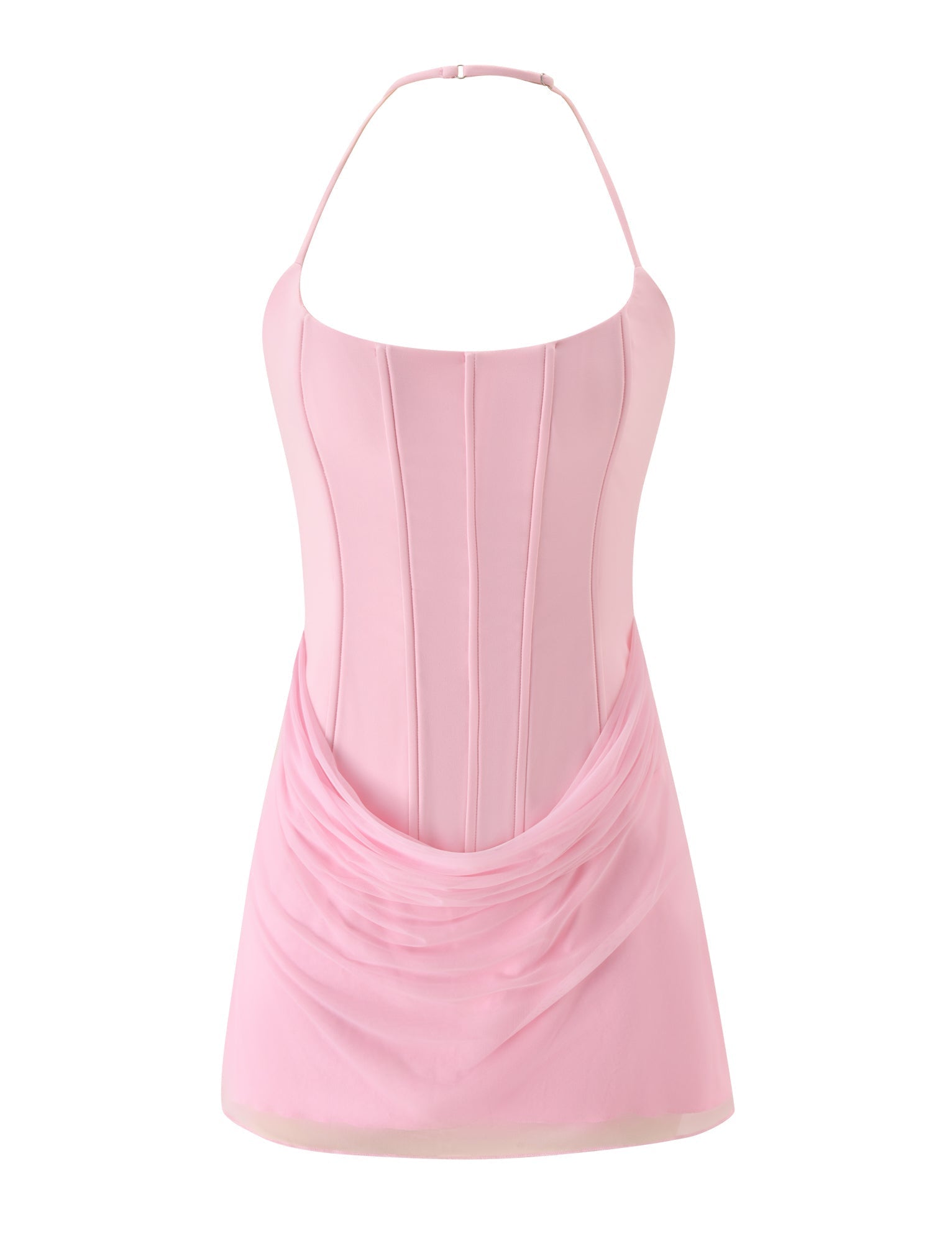 The LYZA MINI DRESS - BABY PINK by TIGERMIST is a sleeveless halter mini dress in light pink, featuring a fitted corset-style bodice and a draped, ruched skirt for an effortlessly chic look.