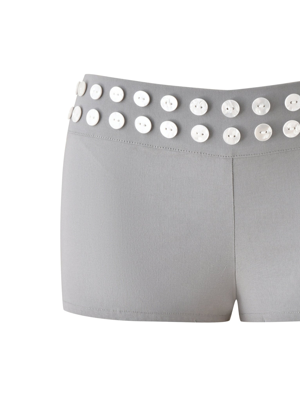 The SUKI SHORT - GREY by TIGERMIST features a tailored silhouette and two rows of faux shell buttons adorning the waistband, shown against a white background.