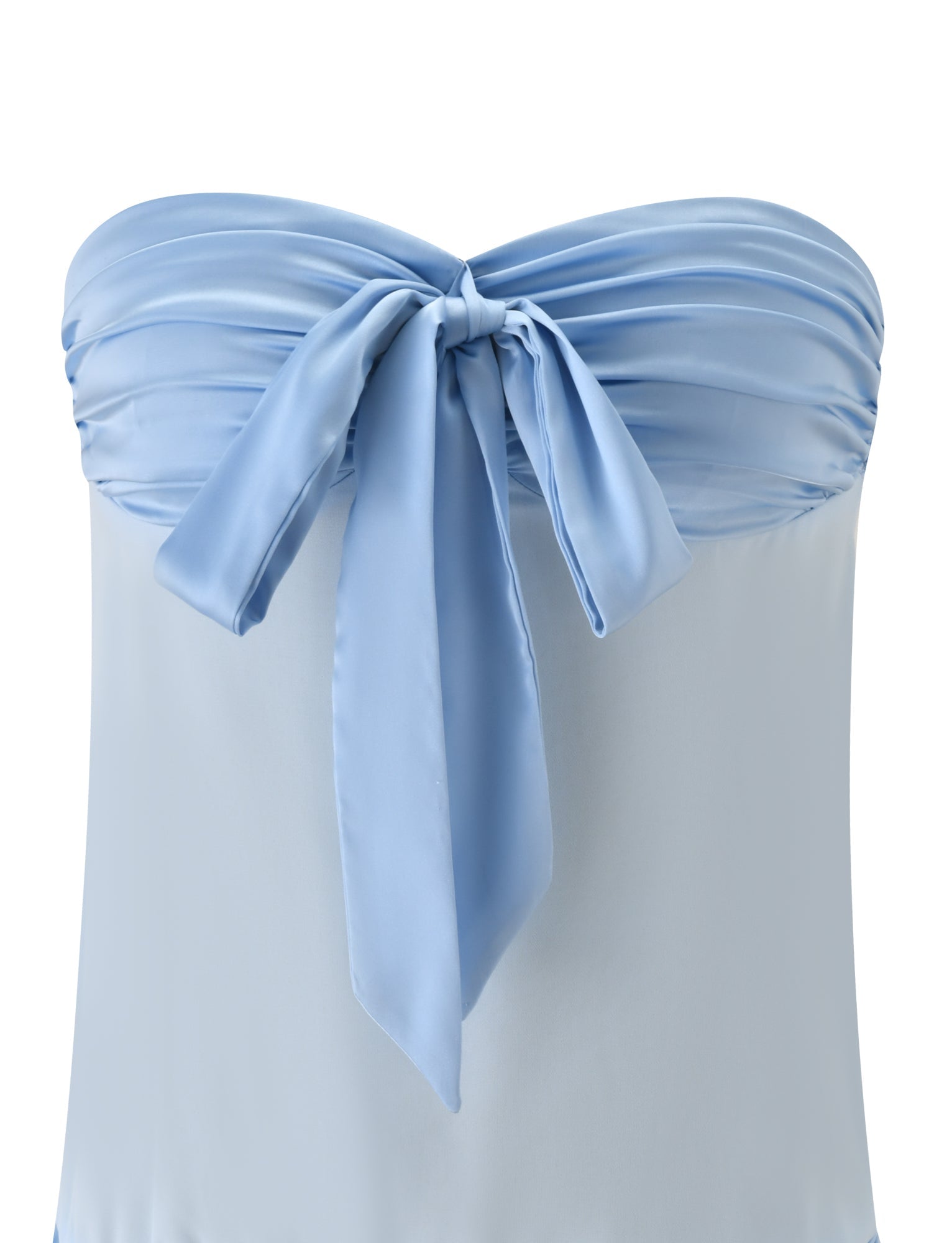 The TIGERMIST LUX MINI DRESS - BABY BLUE features a ruched, strapless bodice with a large center bow and satin-like fabric, making it the perfect summer dress for any occasion.