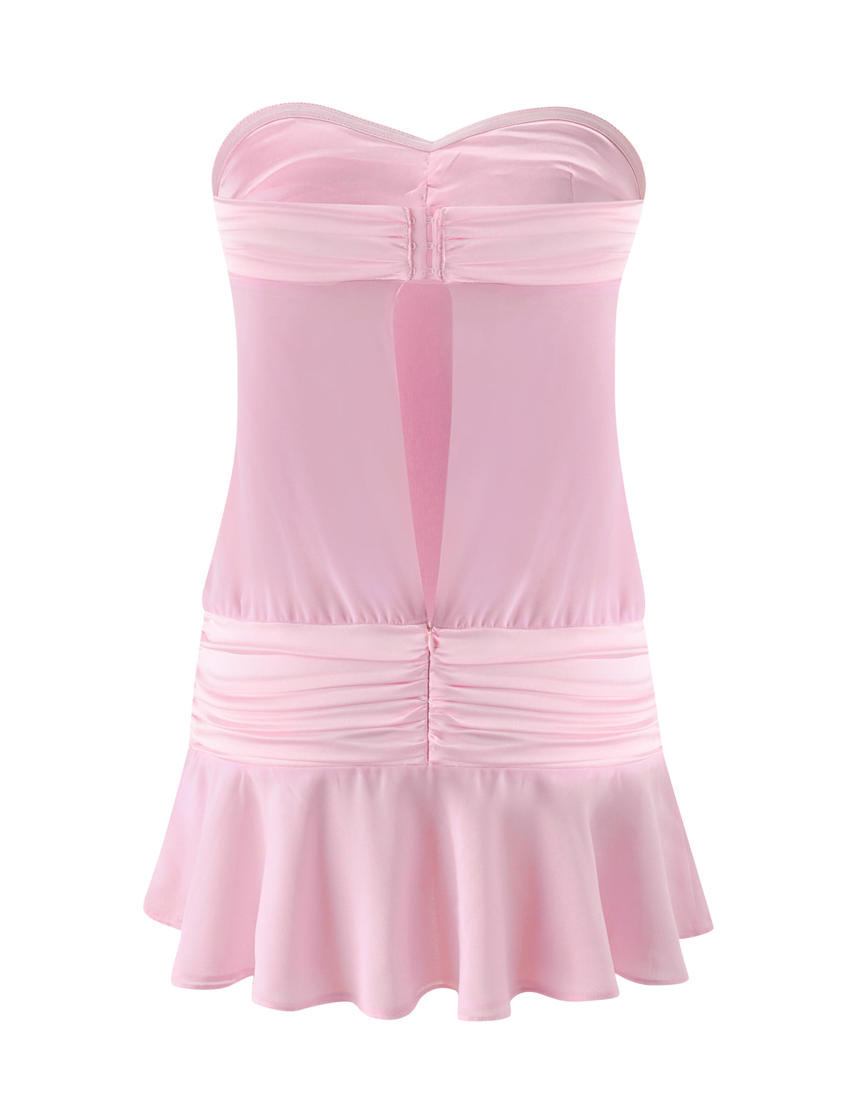 Turn heads on a girls’ night out in the TIGERMIST LUX MINI DRESS - BALLET PINK—strapless, satin, with a ruched bodice, mesh center panel, and flared skirt.