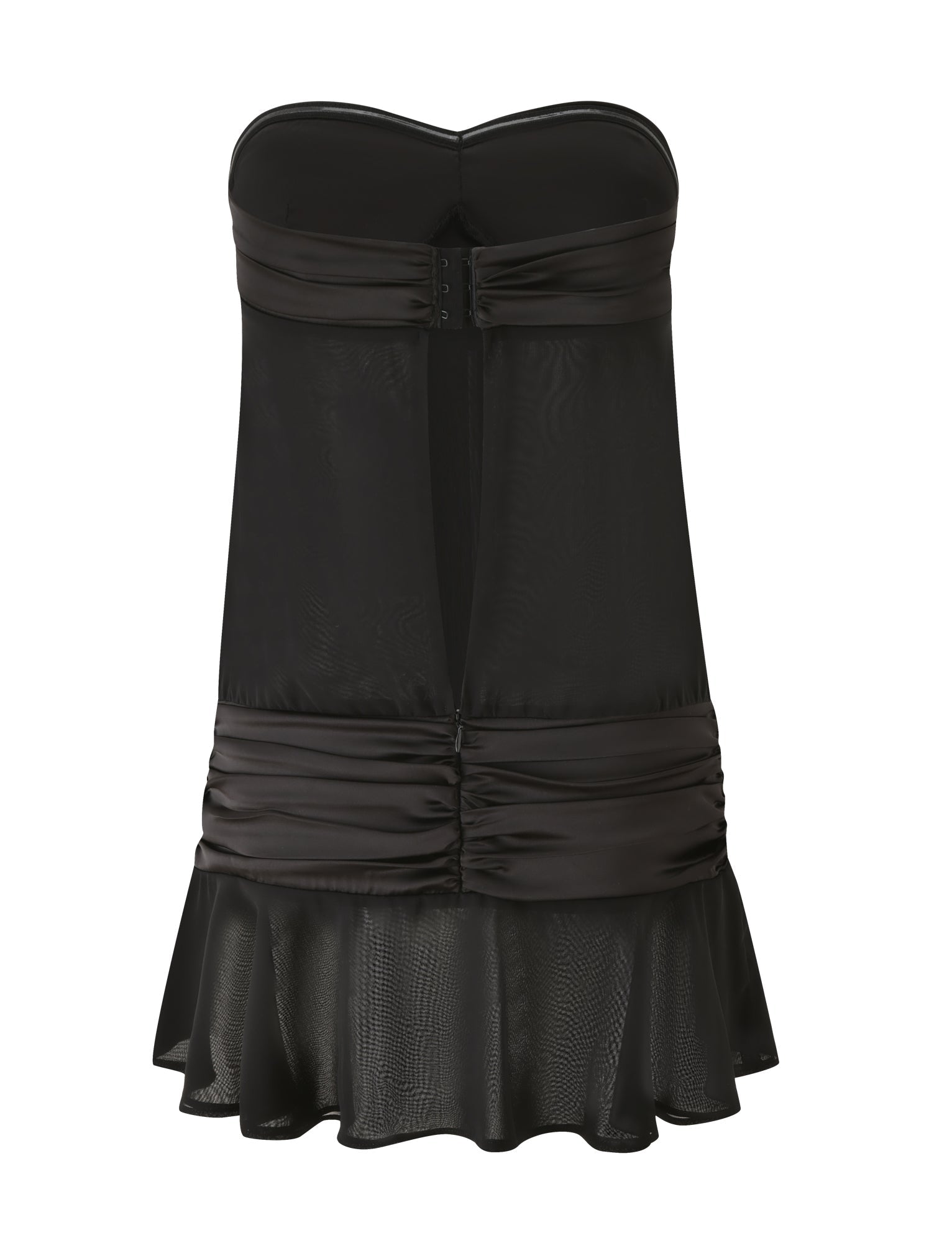 The LUX MINI DRESS - BLACK by TIGERMIST features a strapless design in sleek satin, showcasing a sheer mesh body, satin-like bands at the bust and hips, a subtle ruffle at the hem, and a front hook-and-eye closure—an effortless blend of modern allure and timeless elegance.