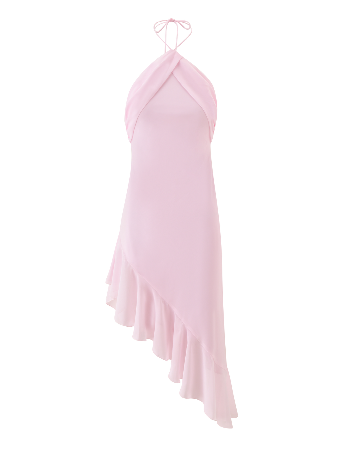 The ELARINA MIDI DRESS by TIGERMIST features a light pink halter-neck, crisscross bodice, fitted waist, and an asymmetrical ruffled hem in soft, flowing fabric for a delicate feminine look.