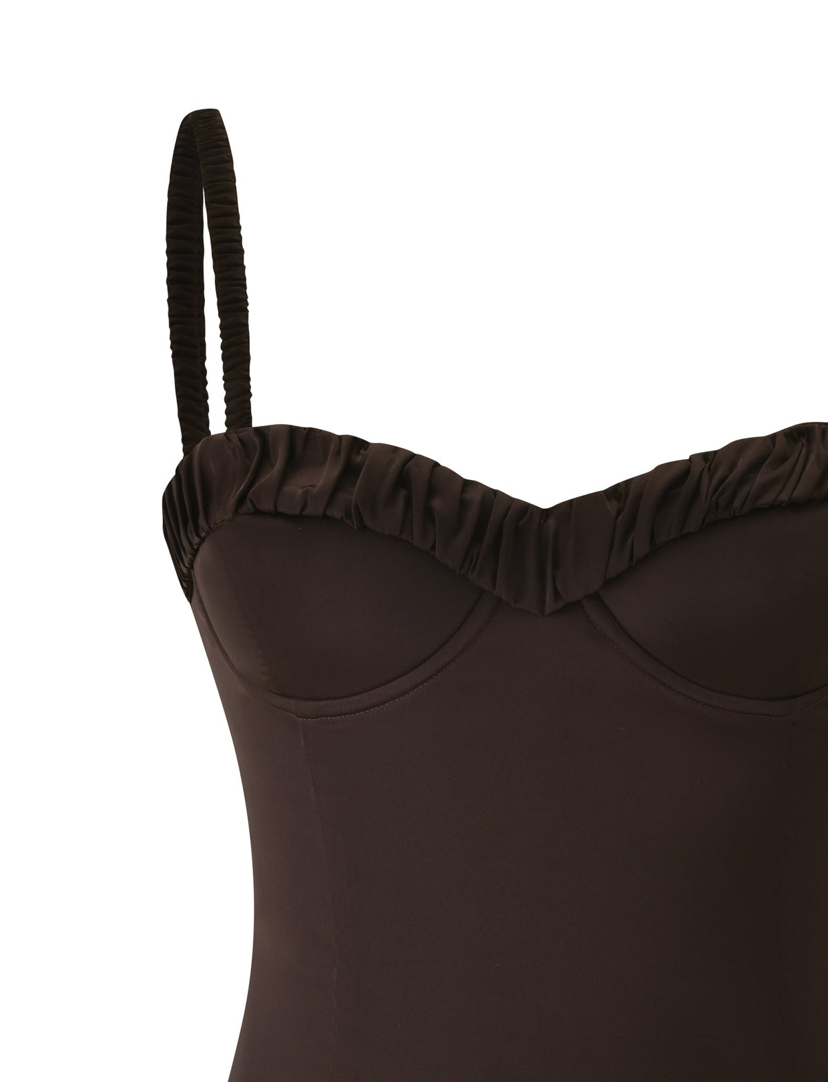 Close-up of the upper bodice of the TIGERMIST GEORGINA MINI DRESS in brown, featuring a sleeveless design, ruched straps, a ruffled neckline, and gathered detailing.