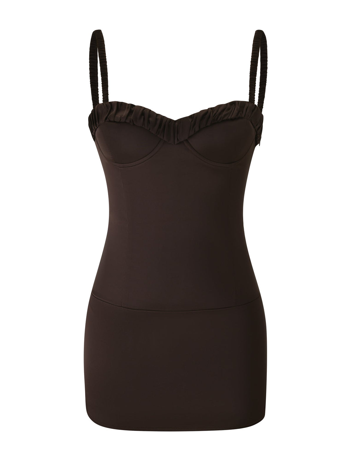 A fitted, sleeveless brown ruched mini dress called the GEORGINA MINI DRESS by TIGERMIST, featuring gathered shoulder straps and a sweetheart neckline, is shown on a plain white background.